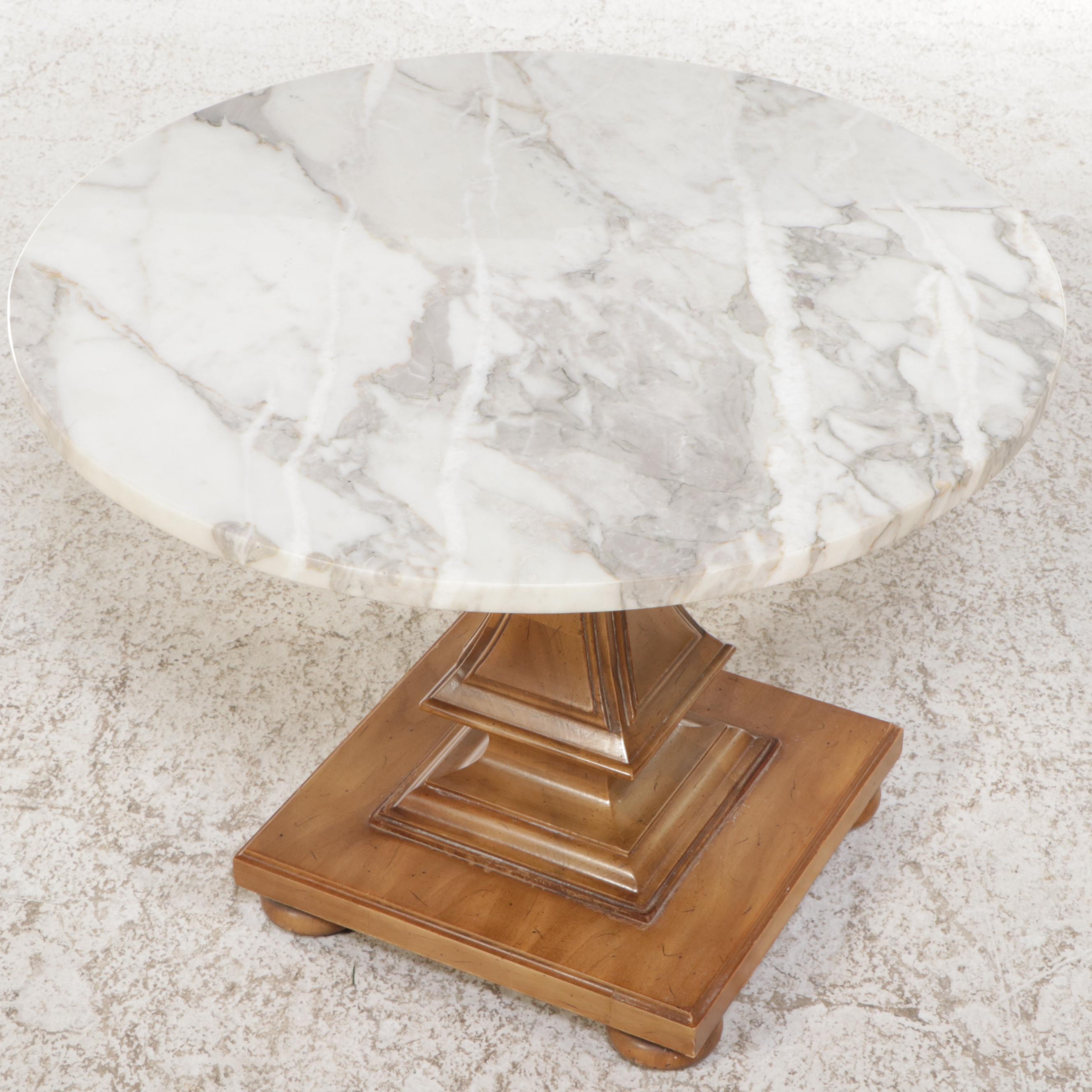 Pair of French Provincial Style Bergères with Marble Top Accent Table