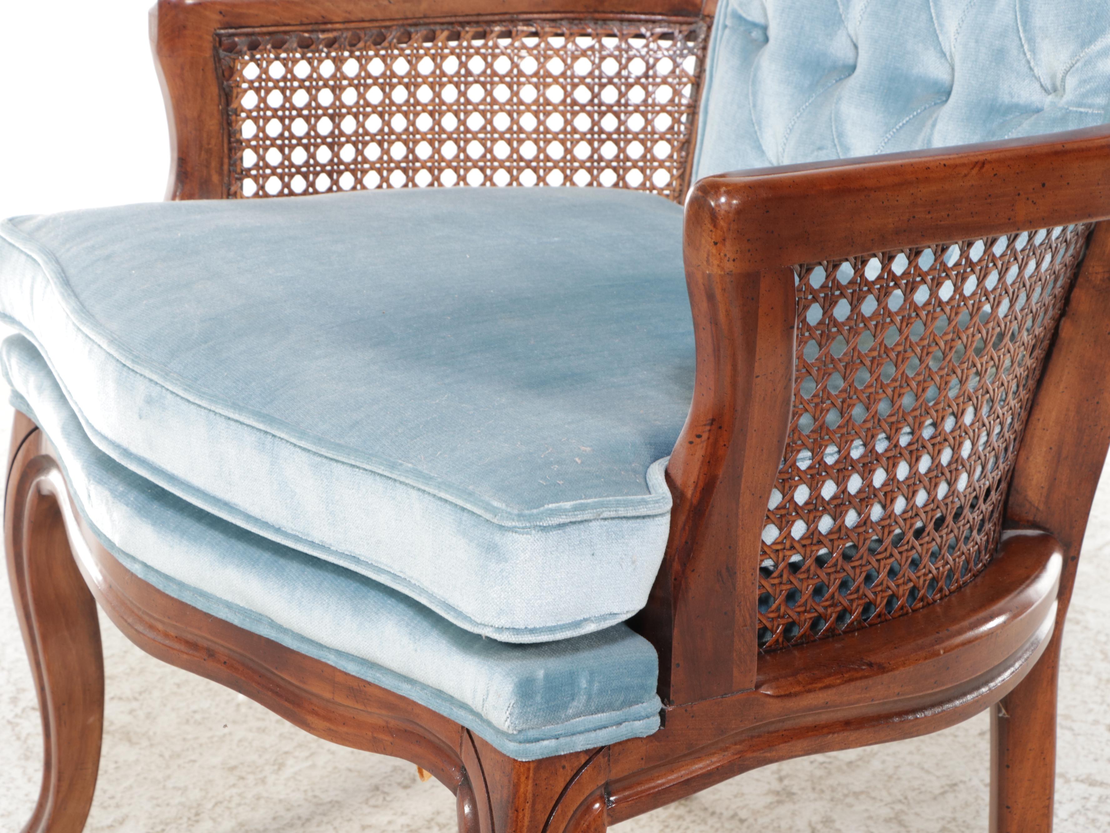 Pair of French Provincial Style Bergères with Marble Top Accent Table