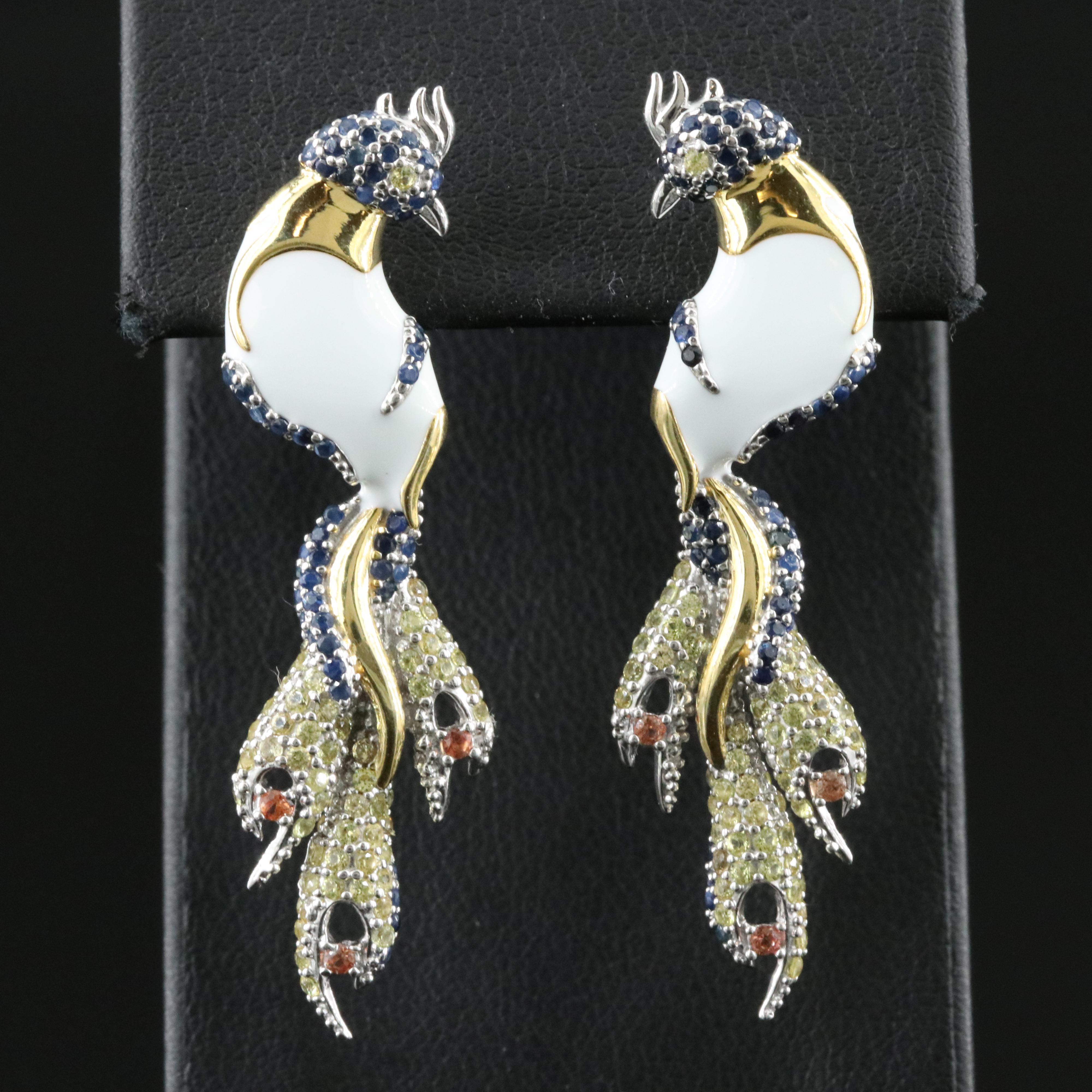 Sterling Sapphire and Enamel Bird Earrings