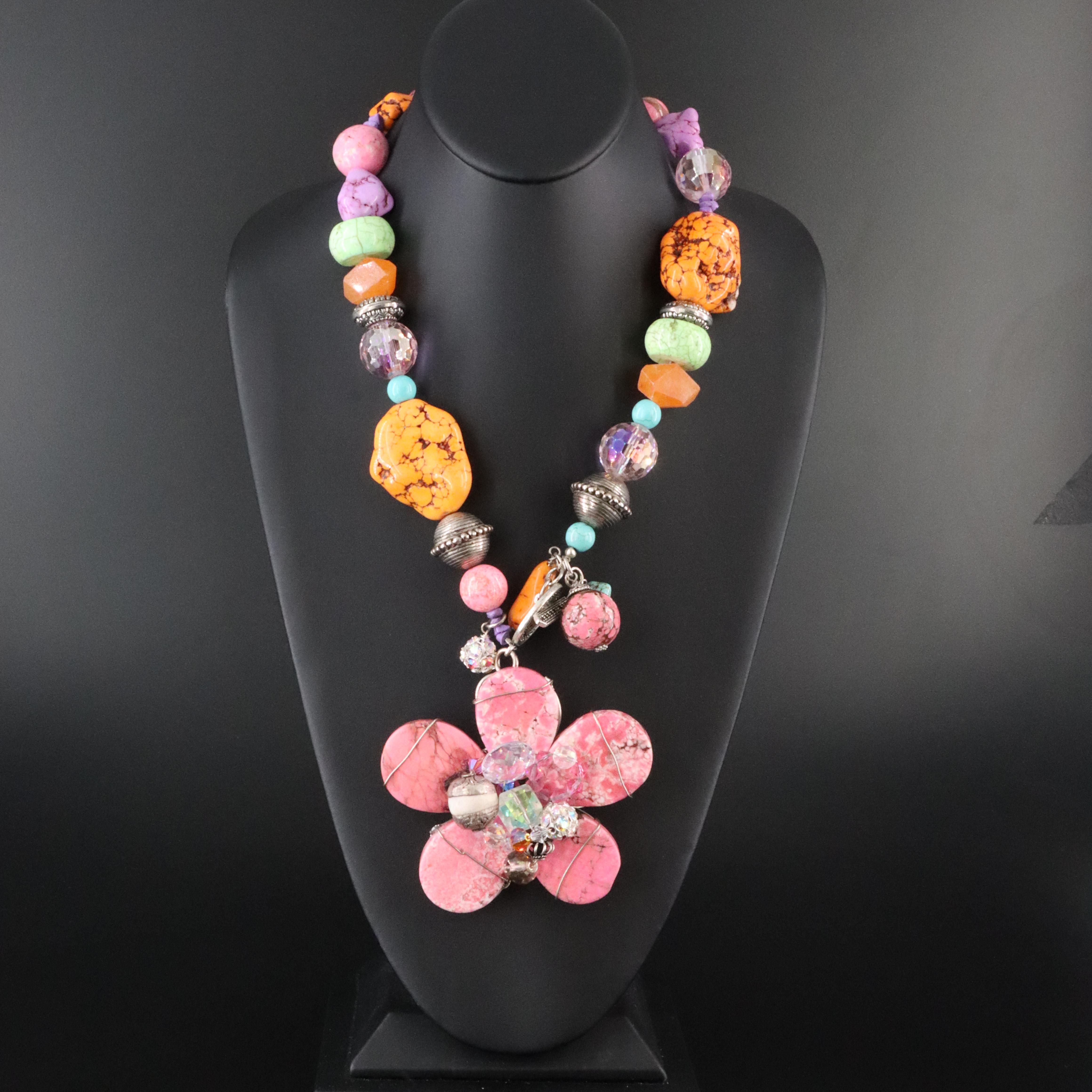 Floral Necklace Featuring Magnesite and Quartz