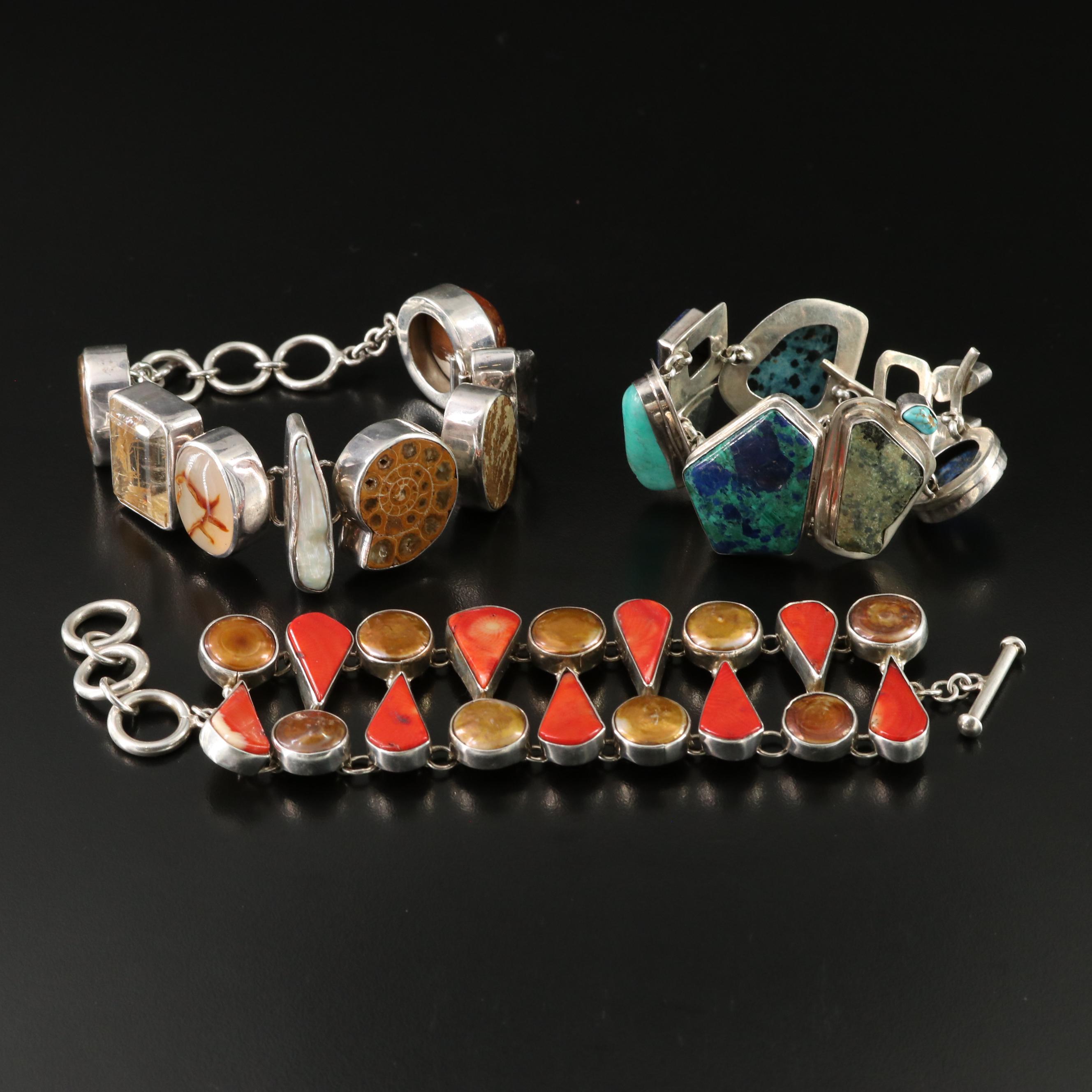 Sterling and 950 Silver Coral, Rutilated Quartz and Gemstone Bracelets