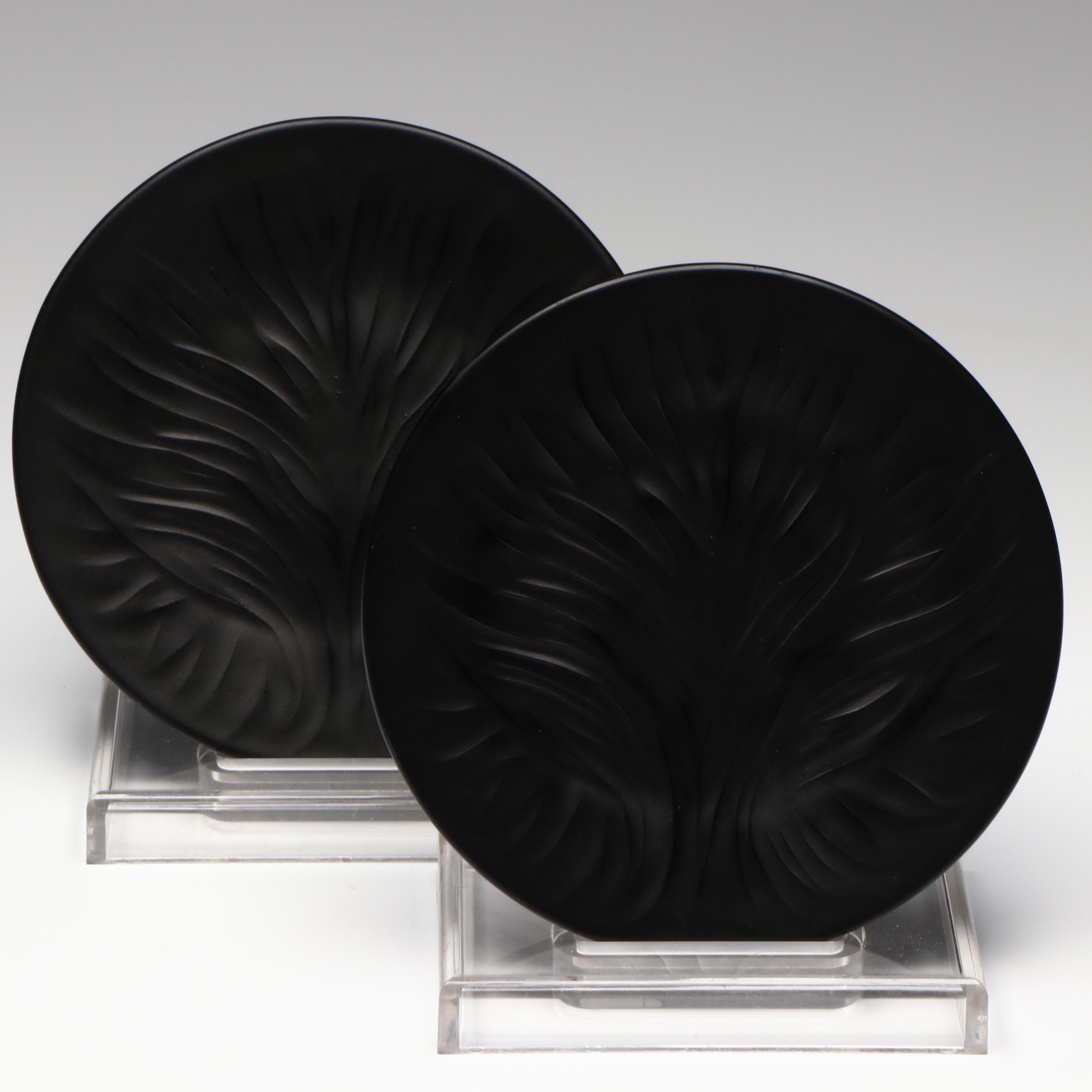 Lalique Matte Black Glass "Algues" Tree of Life Salad Plates, Set of Two