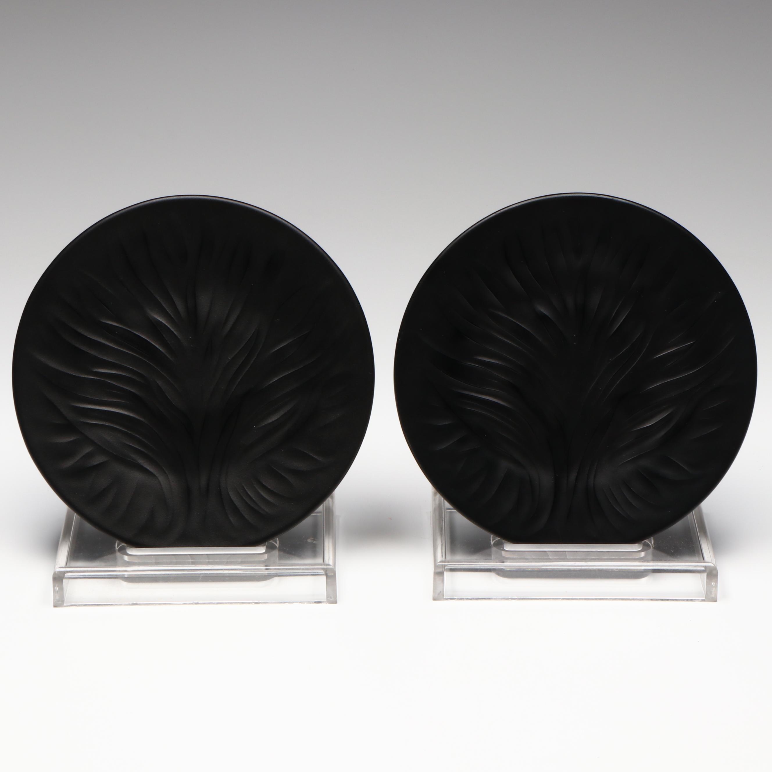 Lalique Matte Black Glass "Algues" Tree of Life Salad Plates, Set of Two