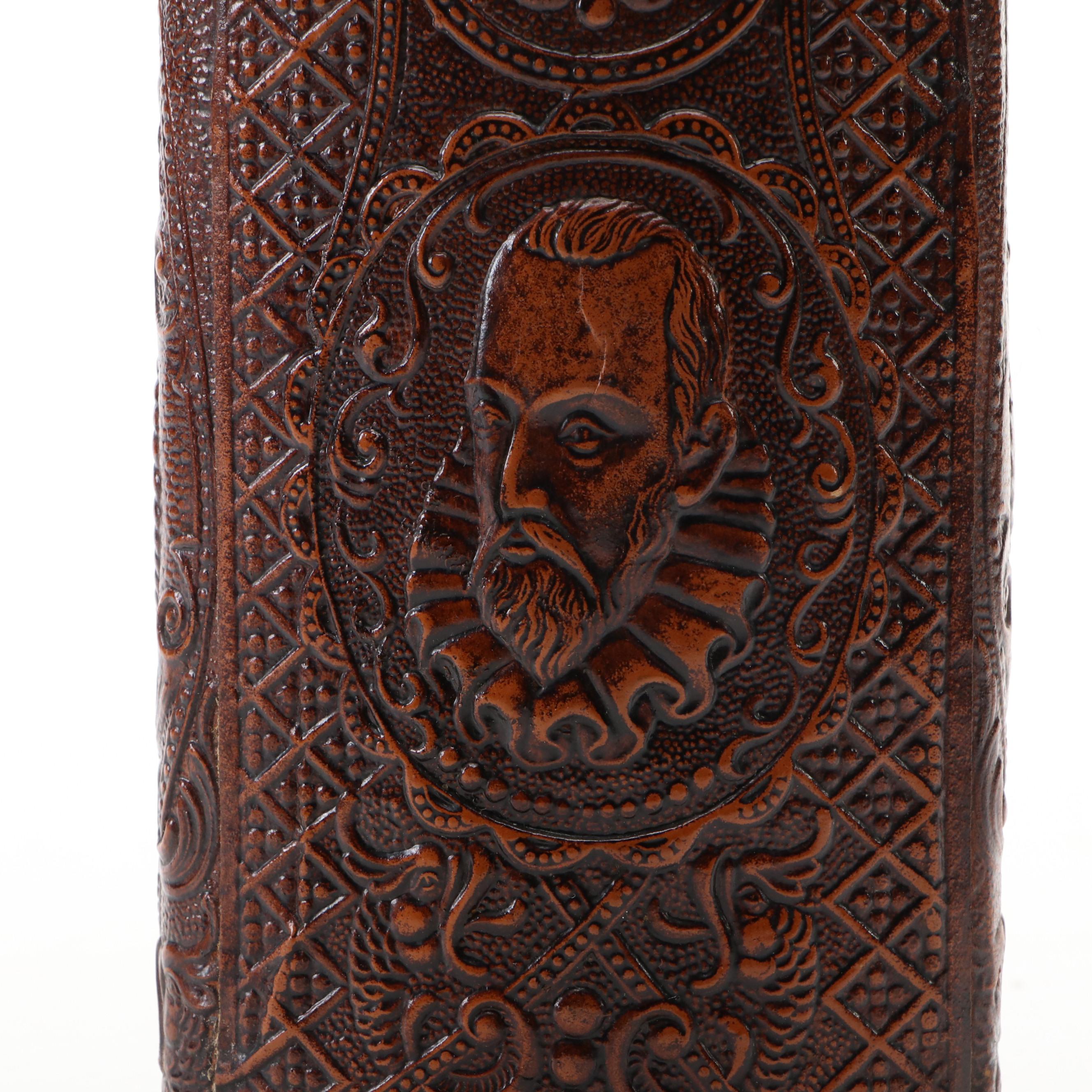 Spanish Leather Bound "Don Quixote" Glass Whiskey Bottle, Mid-20th Century