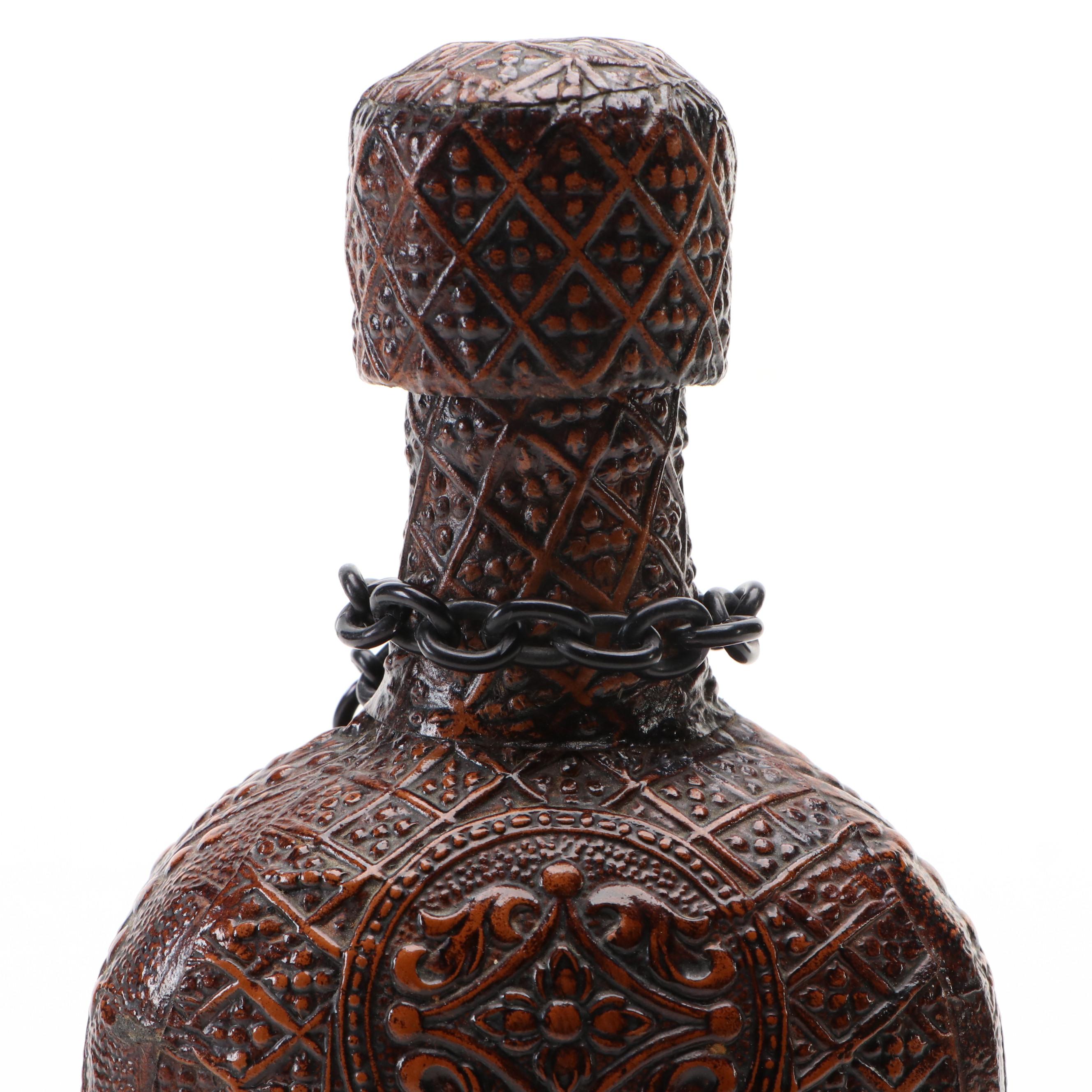 Spanish Leather Bound "Don Quixote" Glass Whiskey Bottle, Mid-20th Century
