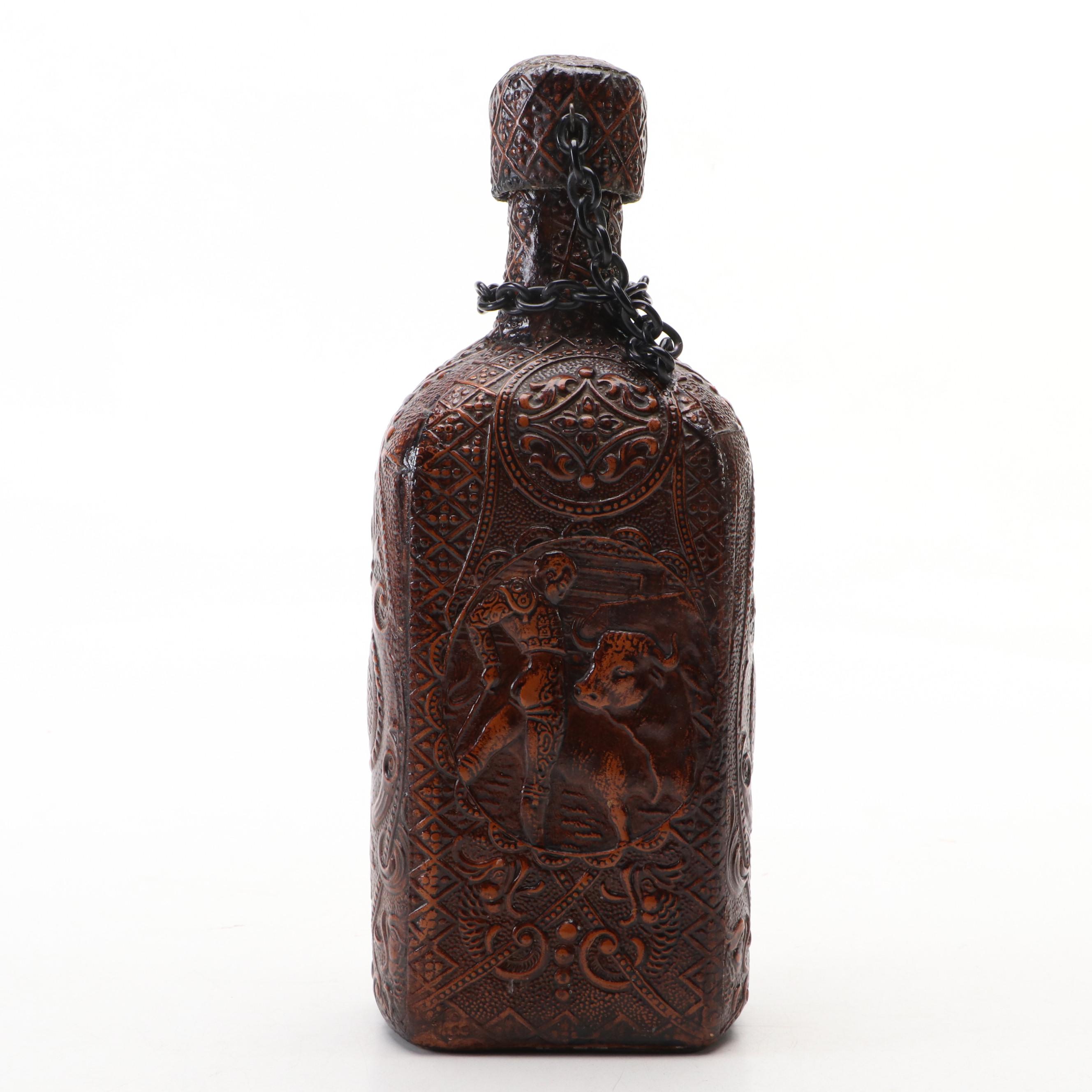 Spanish Leather Bound "Don Quixote" Glass Whiskey Bottle, Mid-20th Century