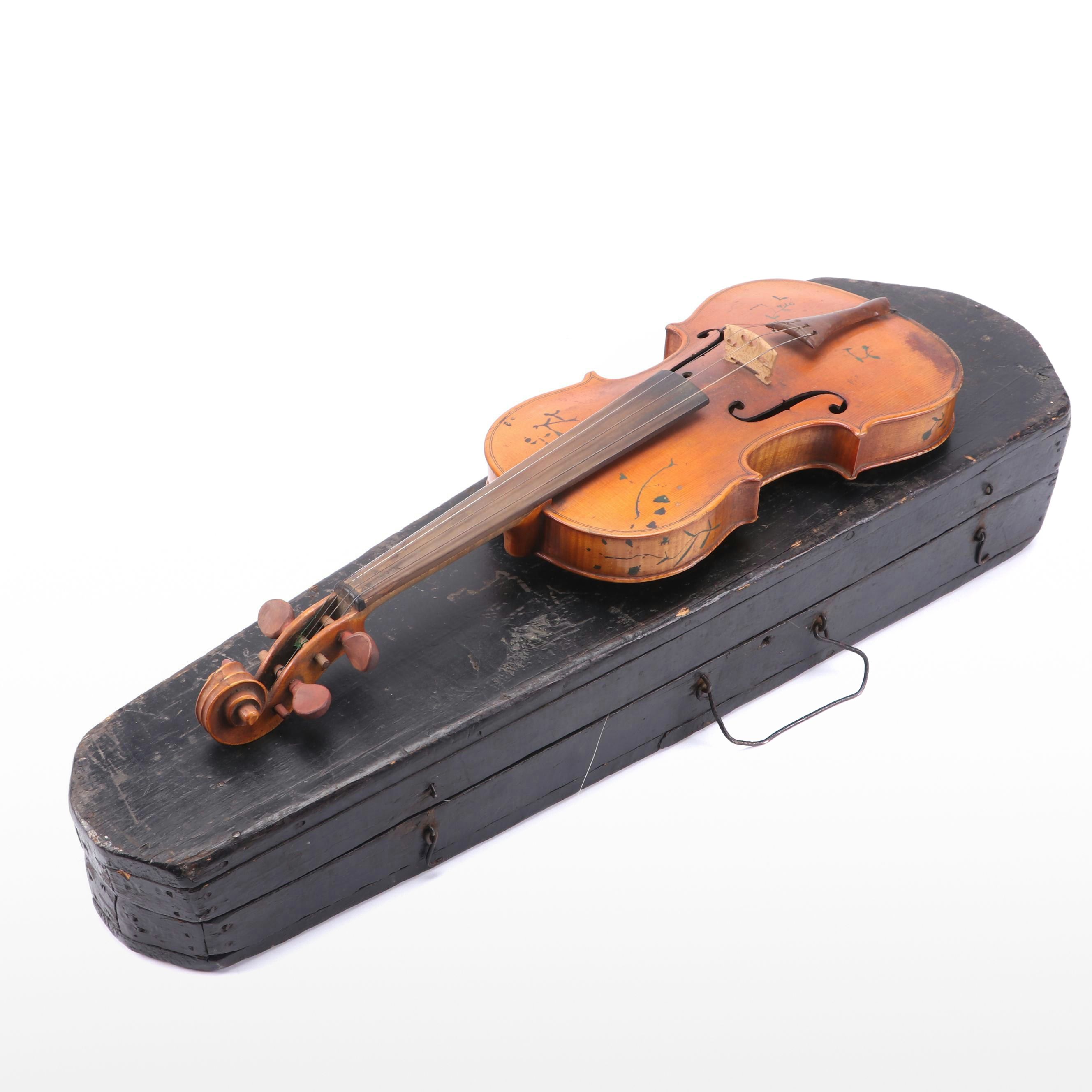 Joseph Guarnerius Fecit Cremonæ Anno Painted Violin with Bow and Coffin Case