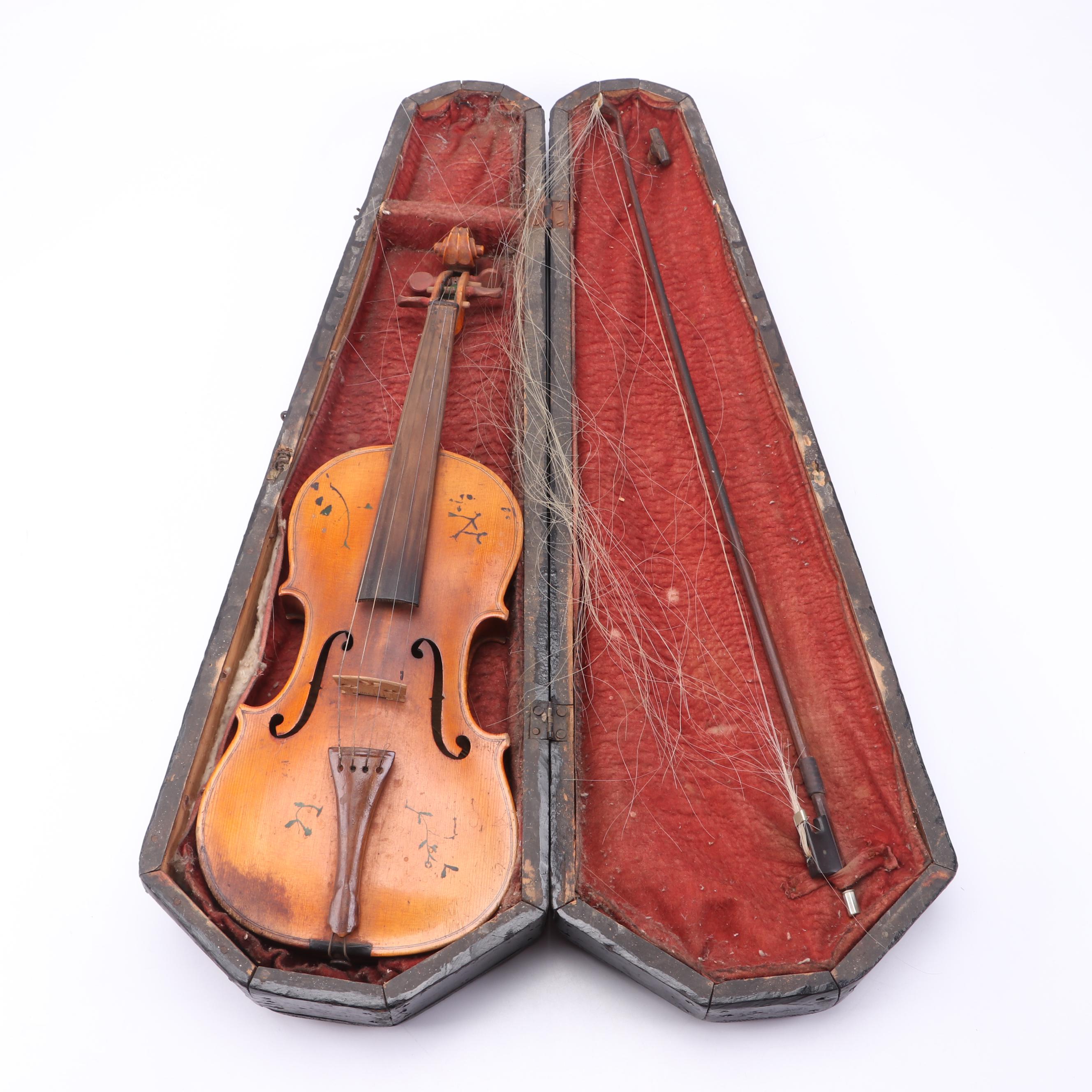 Joseph Guarnerius Fecit Cremonæ Anno Painted Violin with Bow and Coffin Case