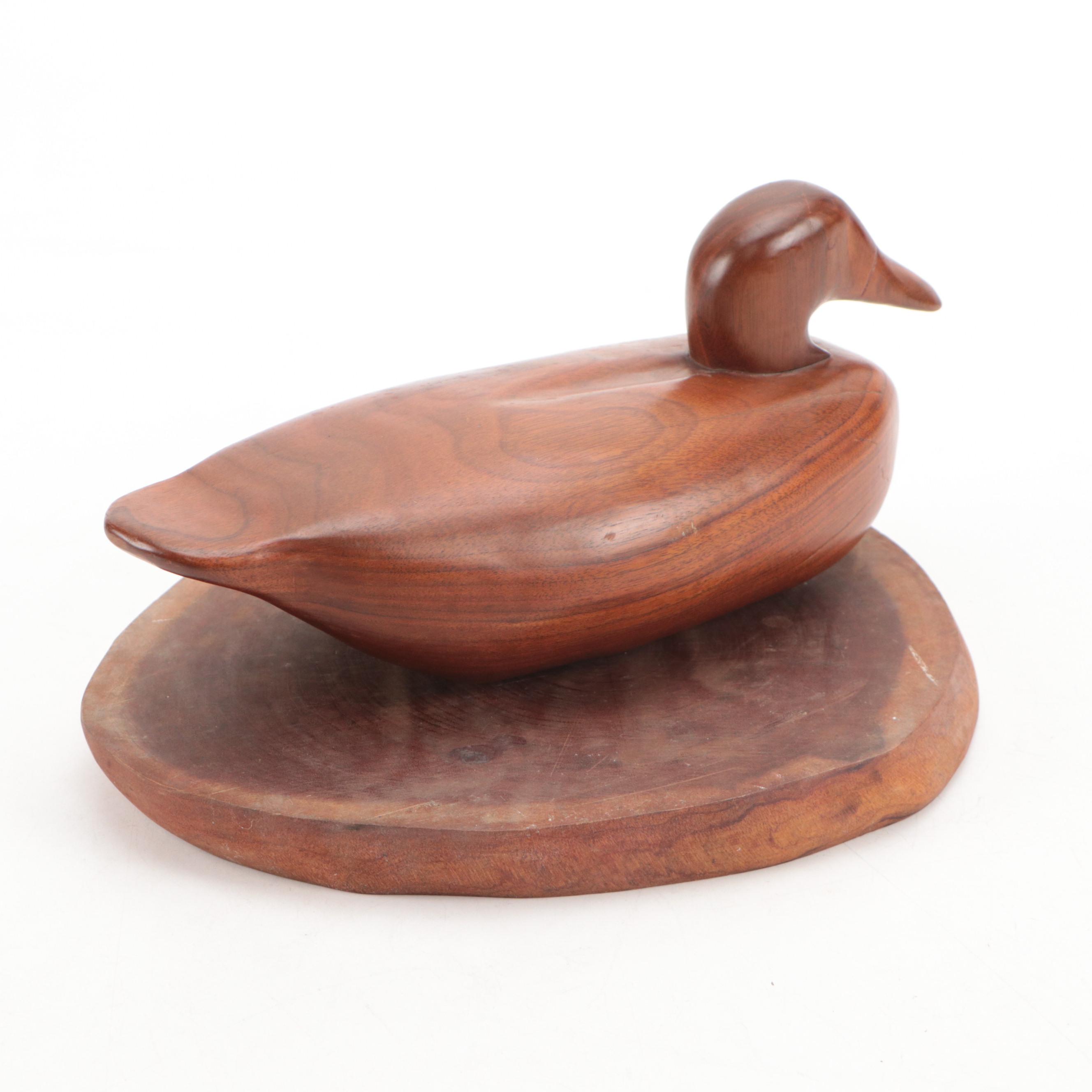 Hand-Carved Wooden Duck Decoy with Stand