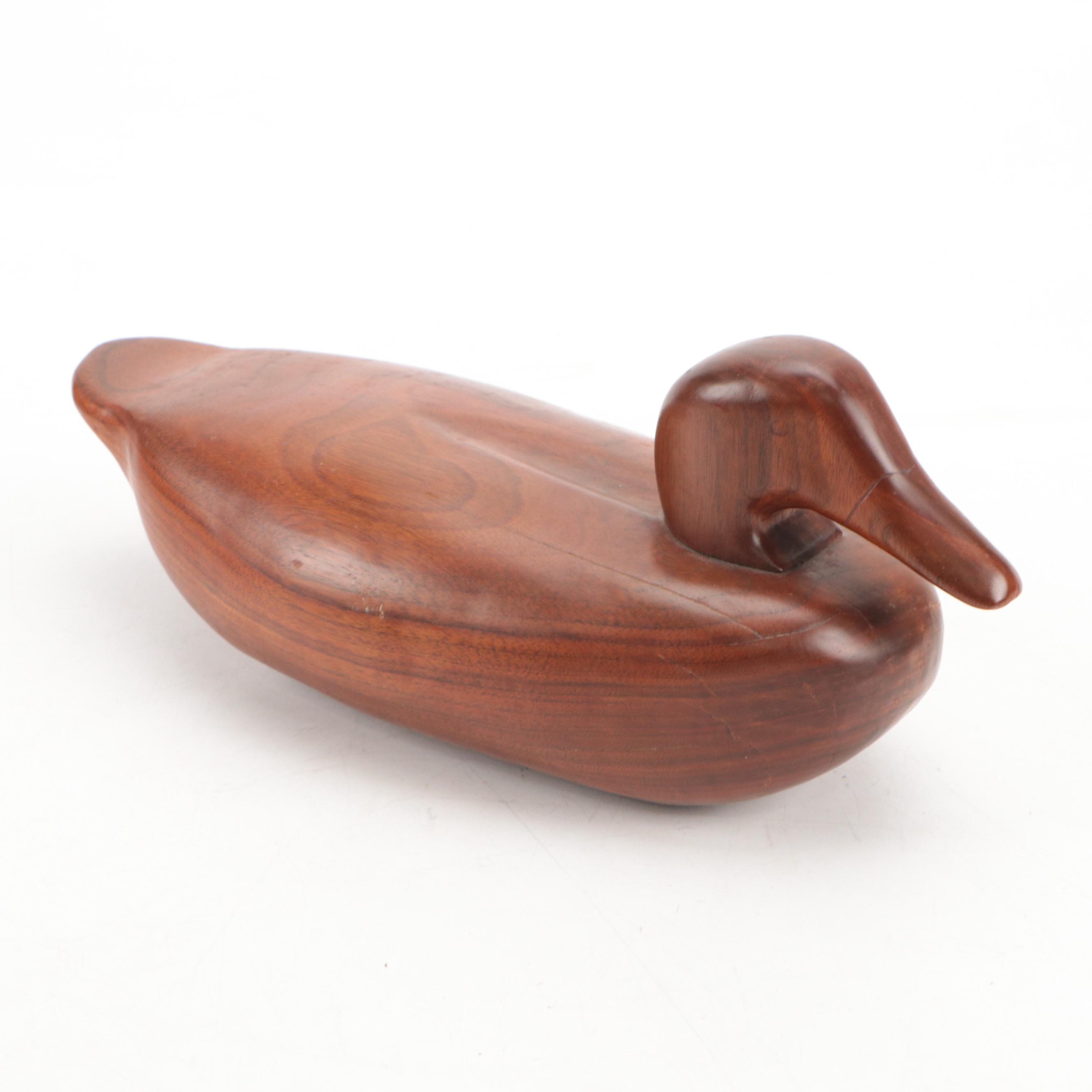 Hand-Carved Wooden Duck Decoy with Stand