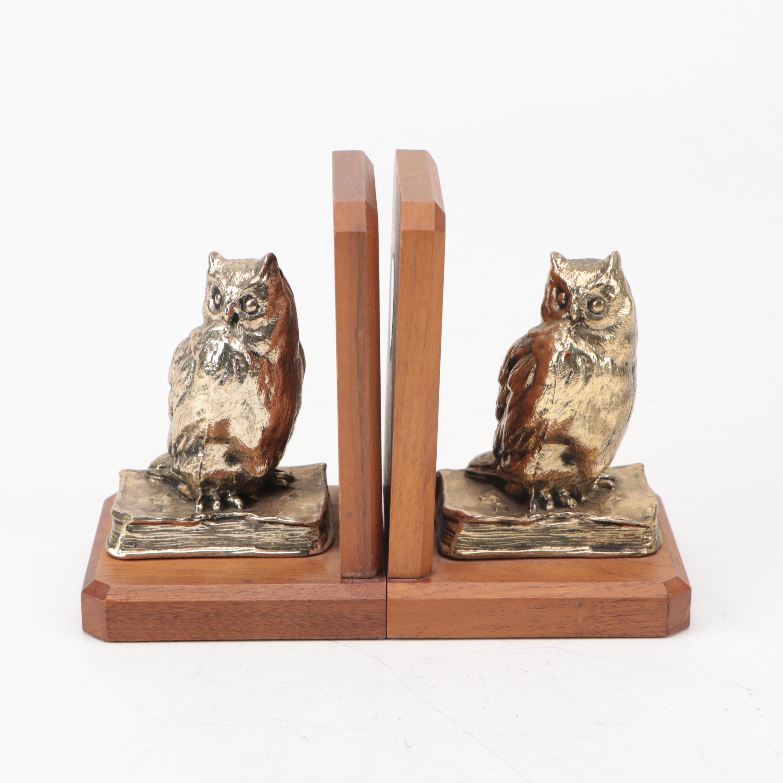 Horizon Walnut and Metal Clad Owl Bookends, Mid-20th Century
