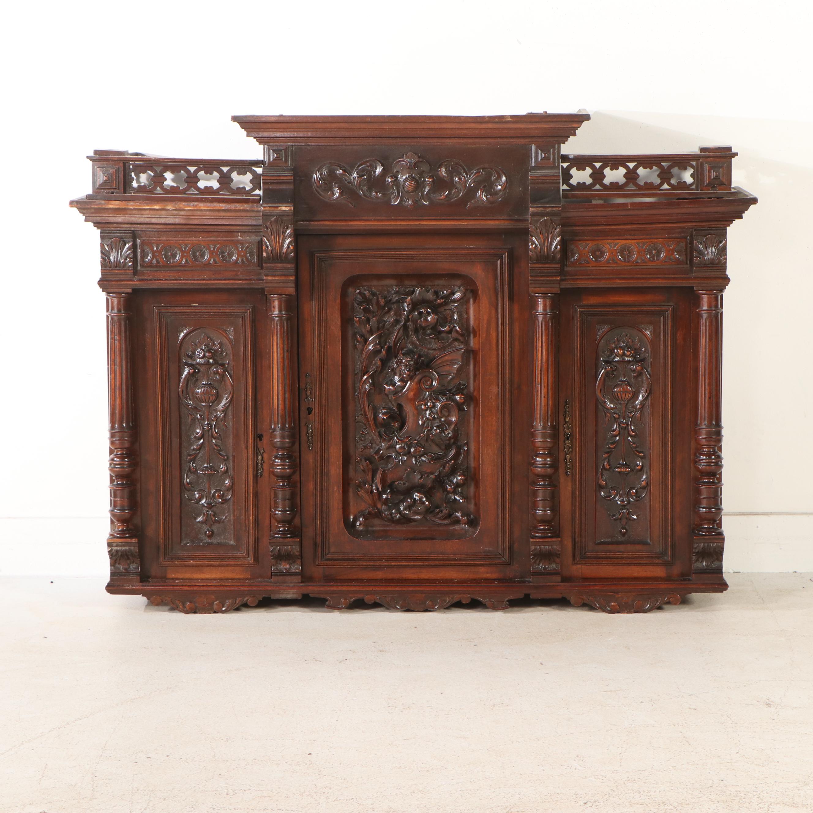 Renaissance Style Carved Mahogany Sideboard with Hutch, 19th Century