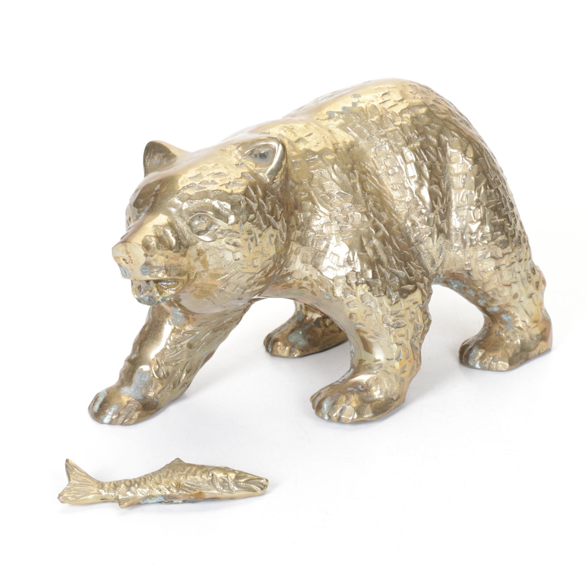 Polished Brass Bear with Fish Sculpture