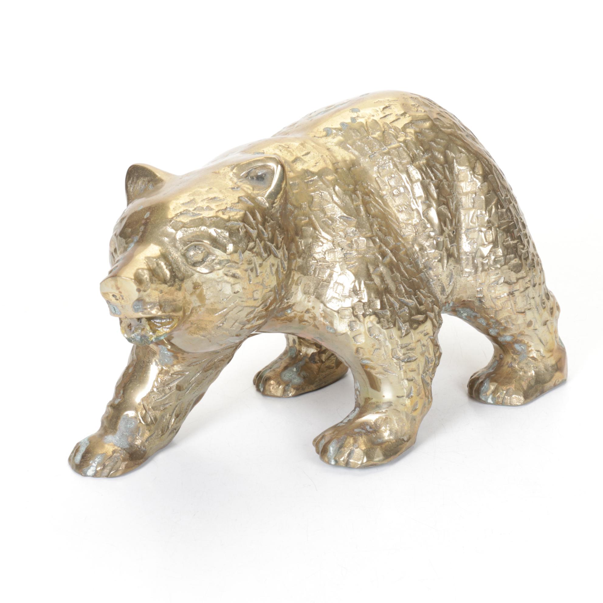 Polished Brass Bear with Fish Sculpture