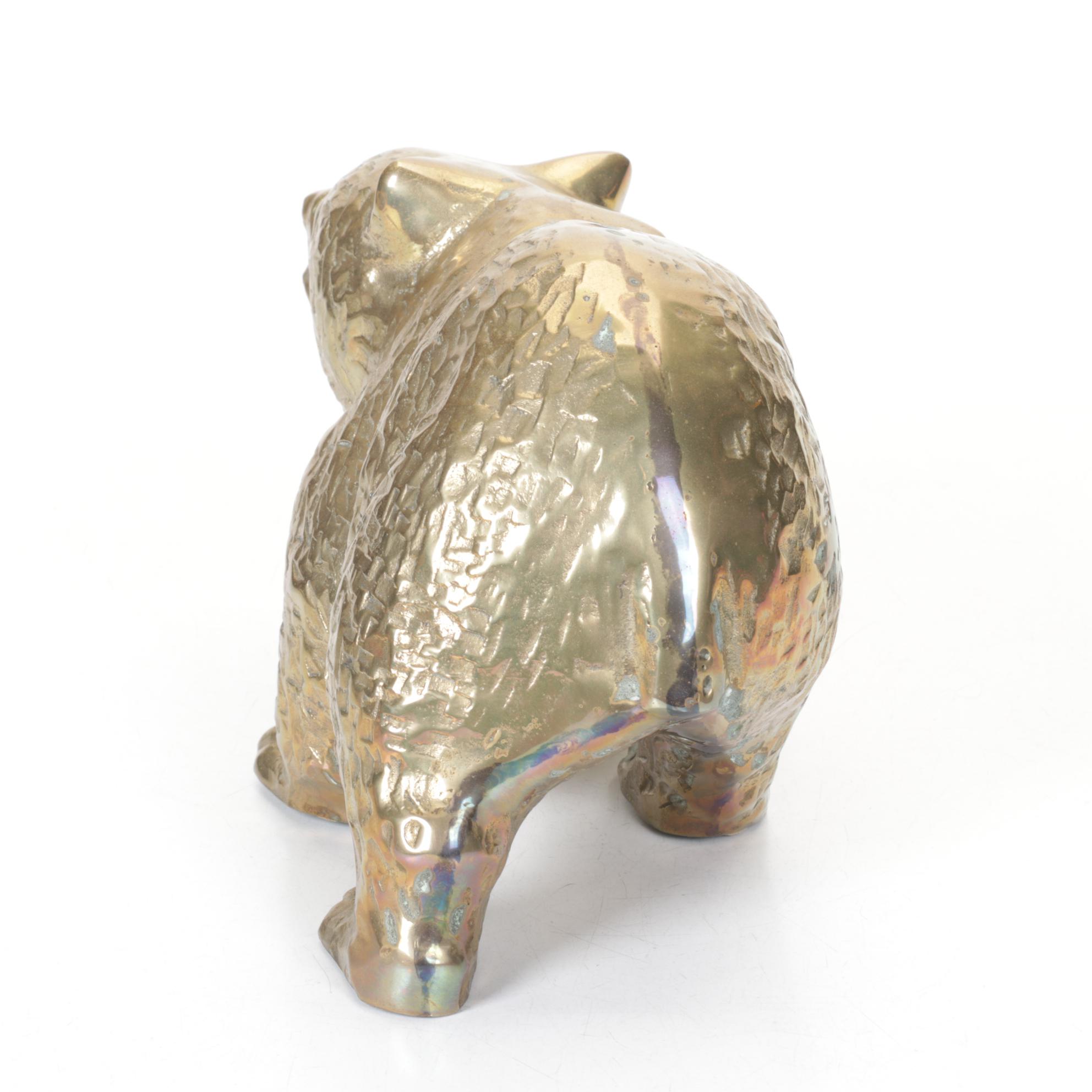 Polished Brass Bear with Fish Sculpture