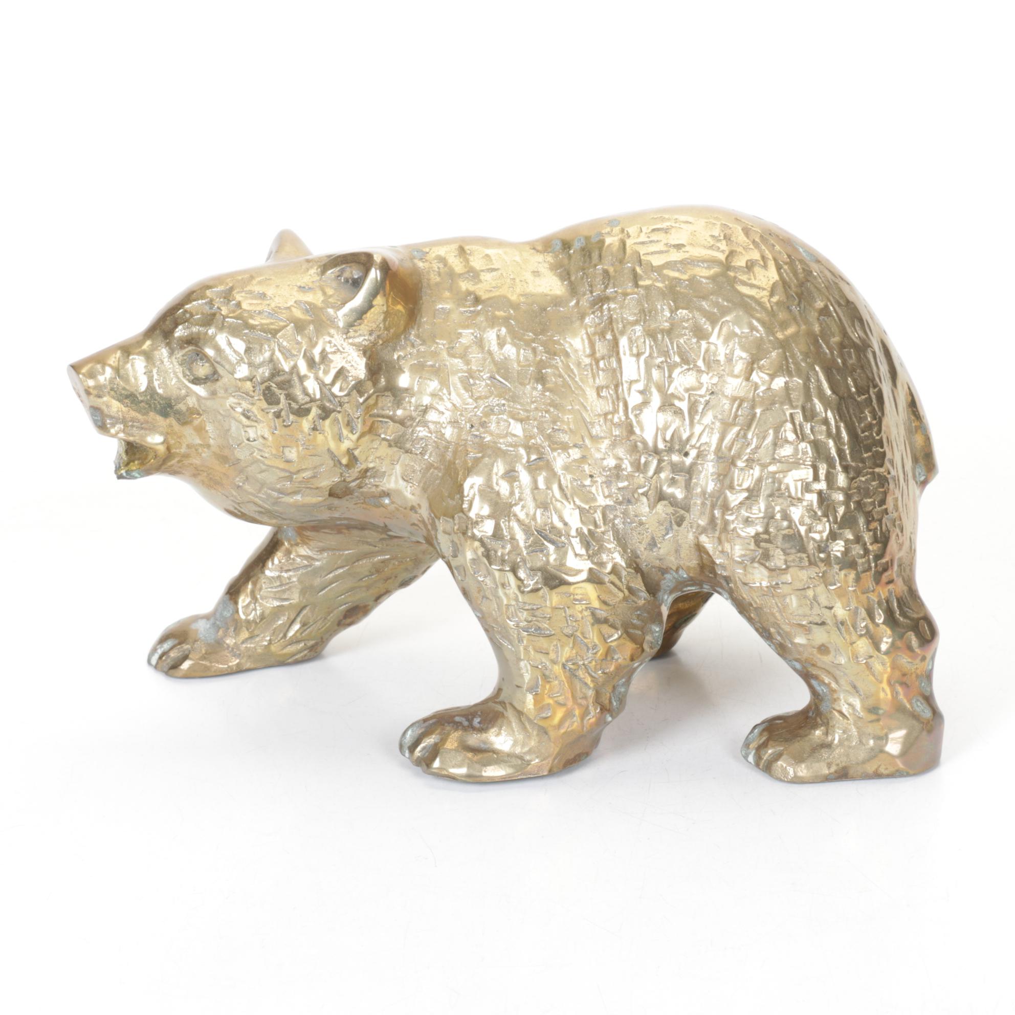 Polished Brass Bear with Fish Sculpture