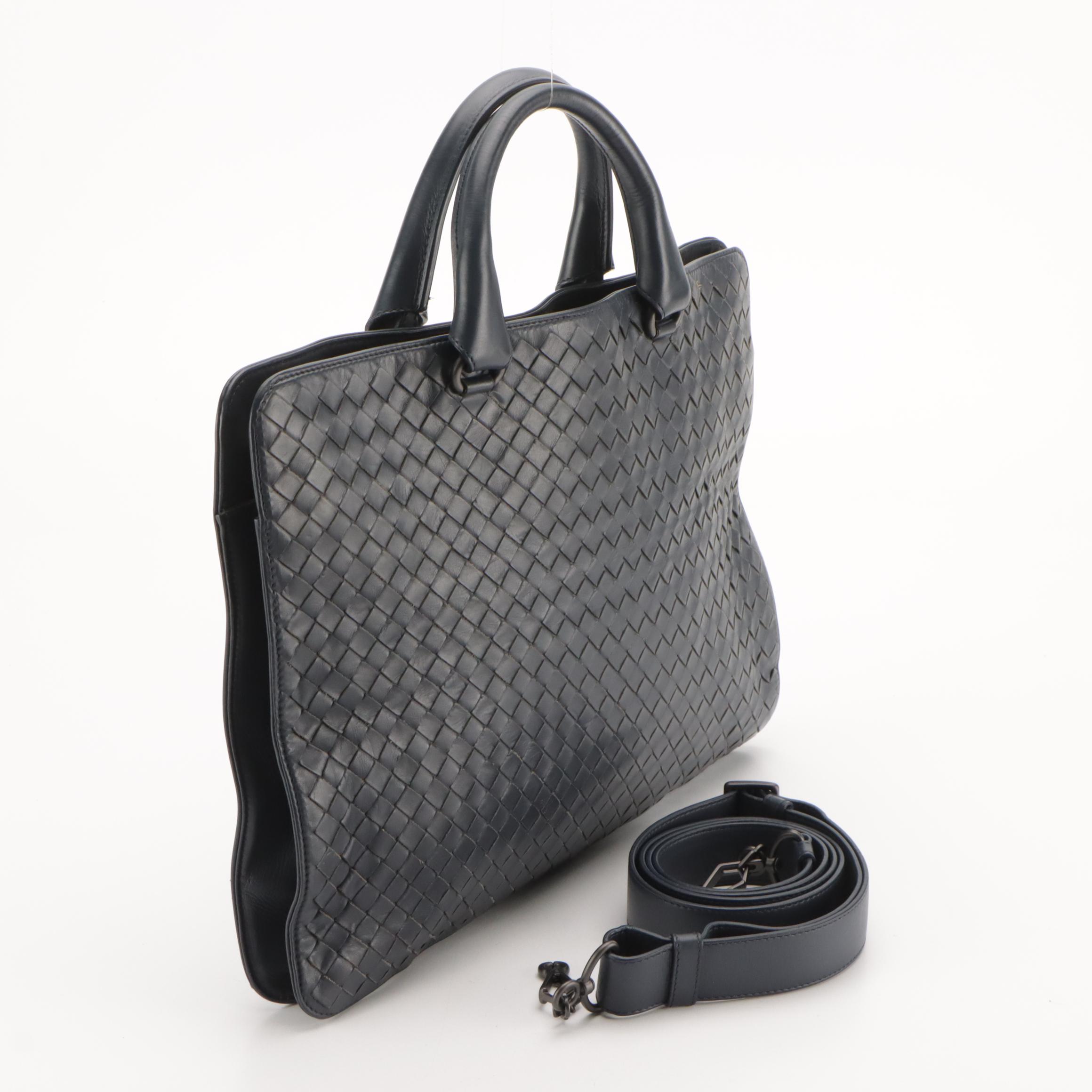 Bottega Veneta Navy Blue Intrecciato Leather Two-Way Bag