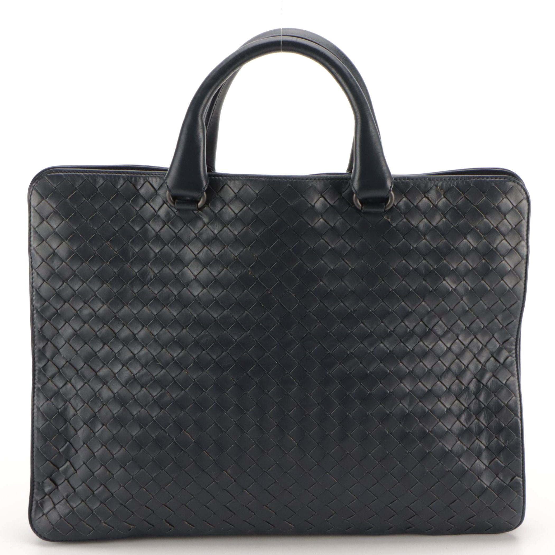 Bottega Veneta Navy Blue Intrecciato Leather Two-Way Bag