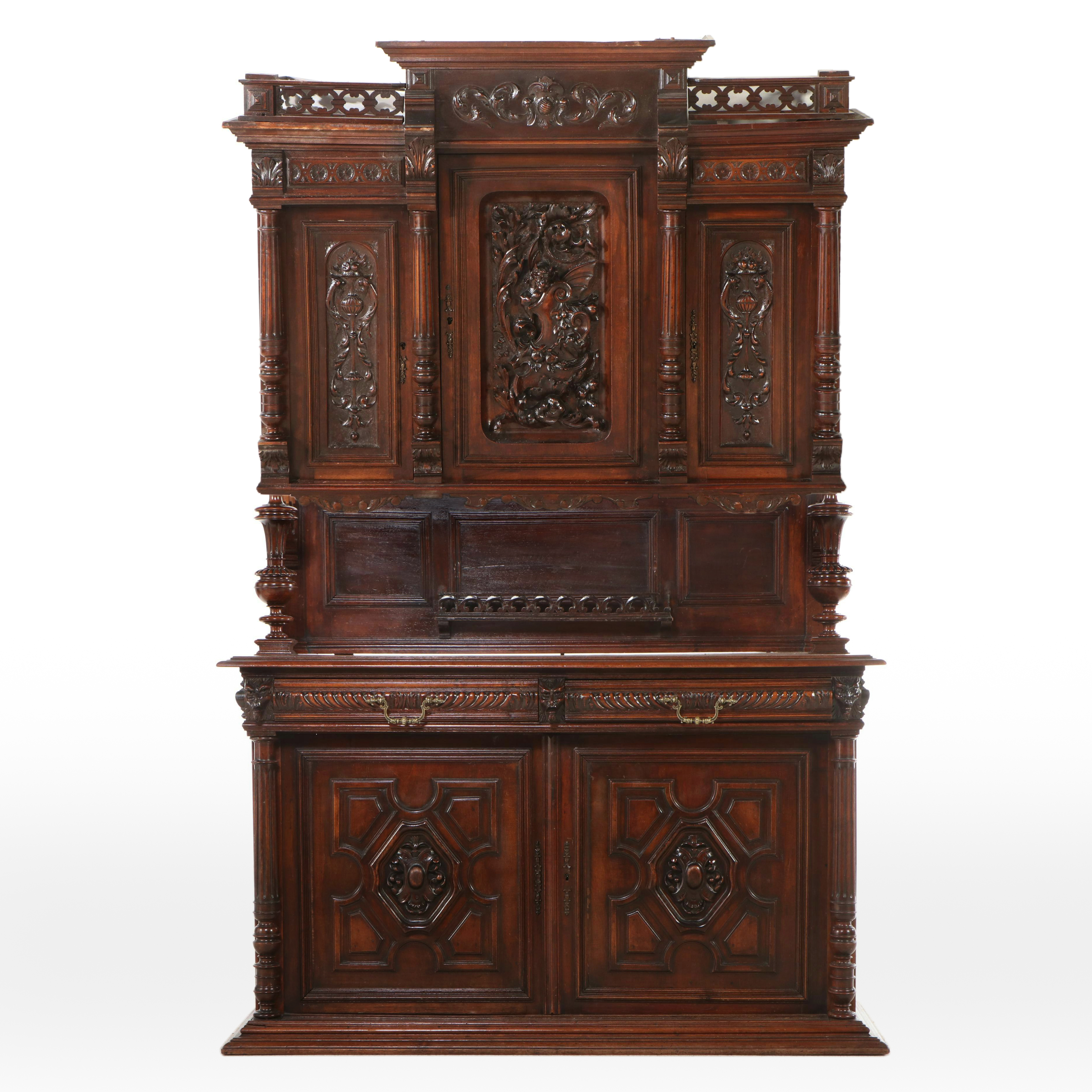 Renaissance Style Carved Mahogany Sideboard with Hutch, 19th Century