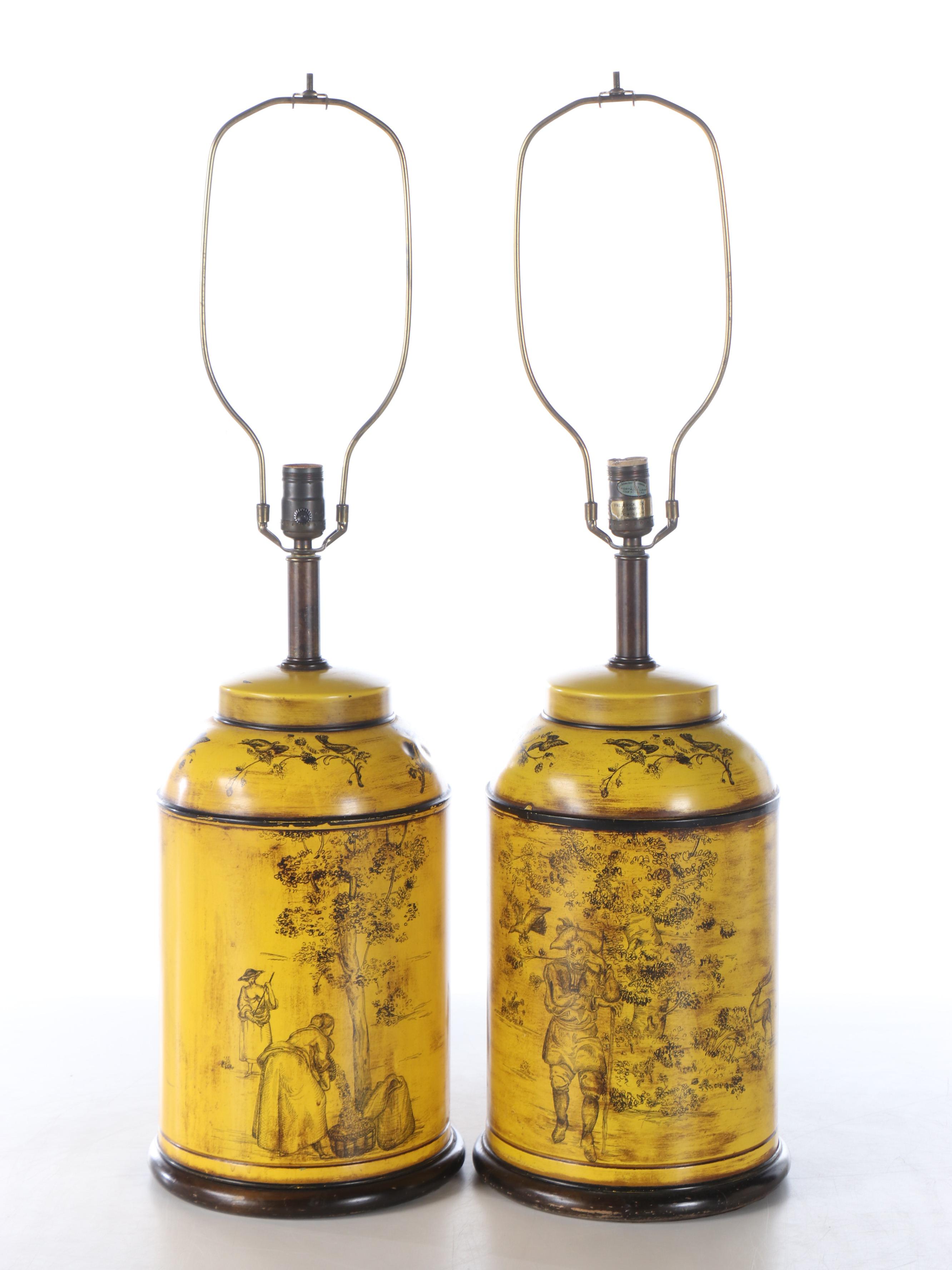 Pair of Frederick Cooper Yellow Tin Canister Table Lamps, Shades and Diffusers