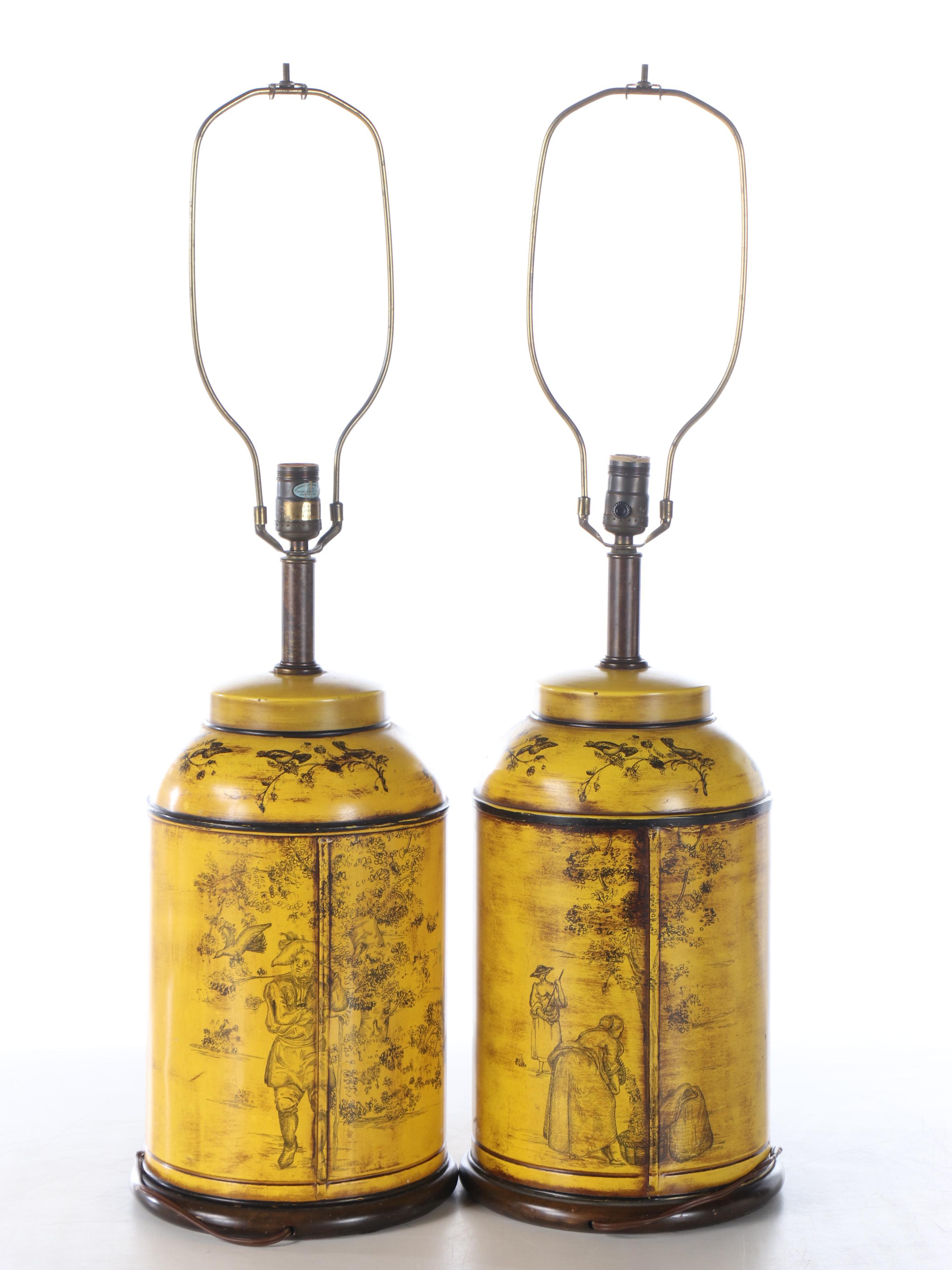Pair of Frederick Cooper Yellow Tin Canister Table Lamps, Shades and Diffusers