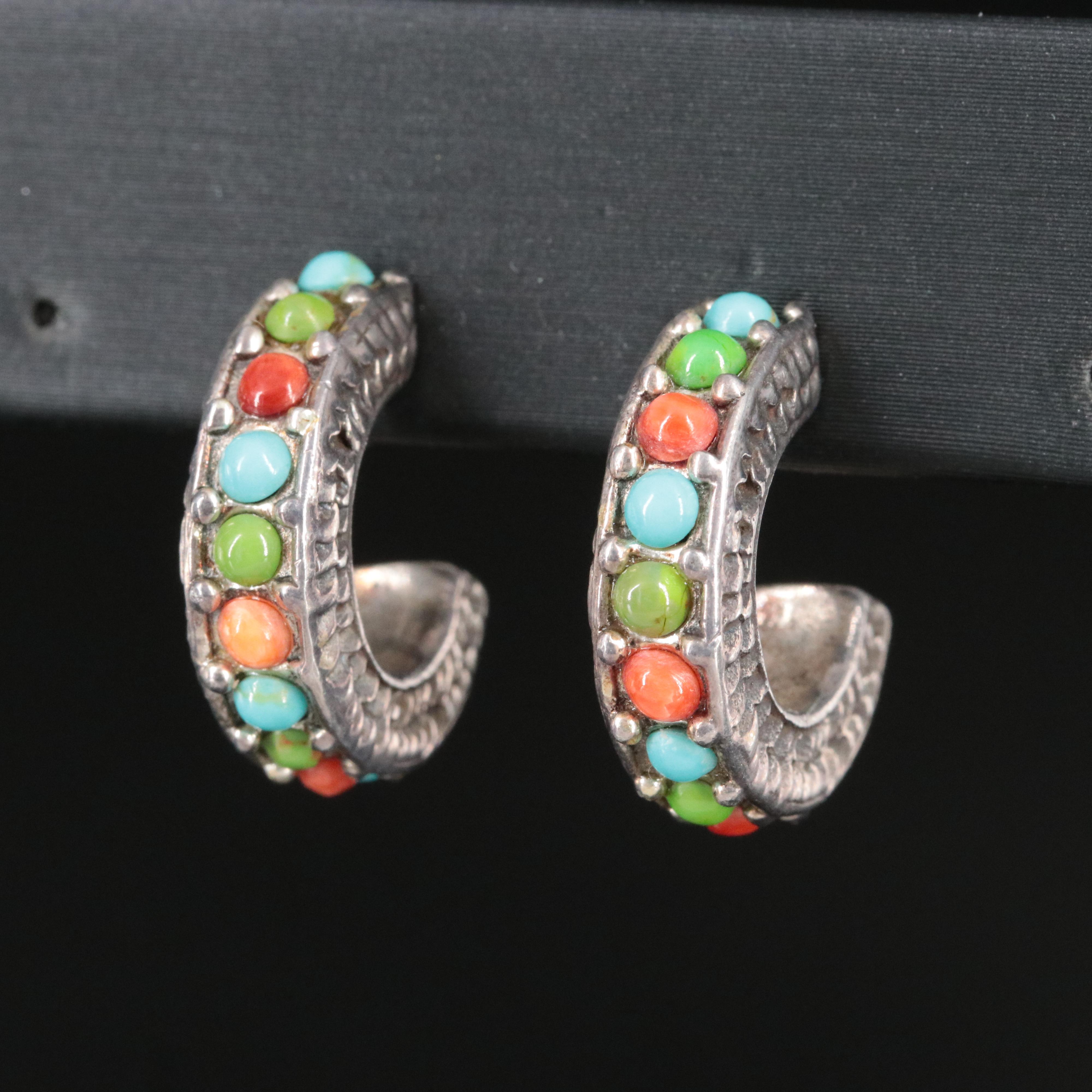 Sterling Turquoise and Coral Half Hoop Earrings