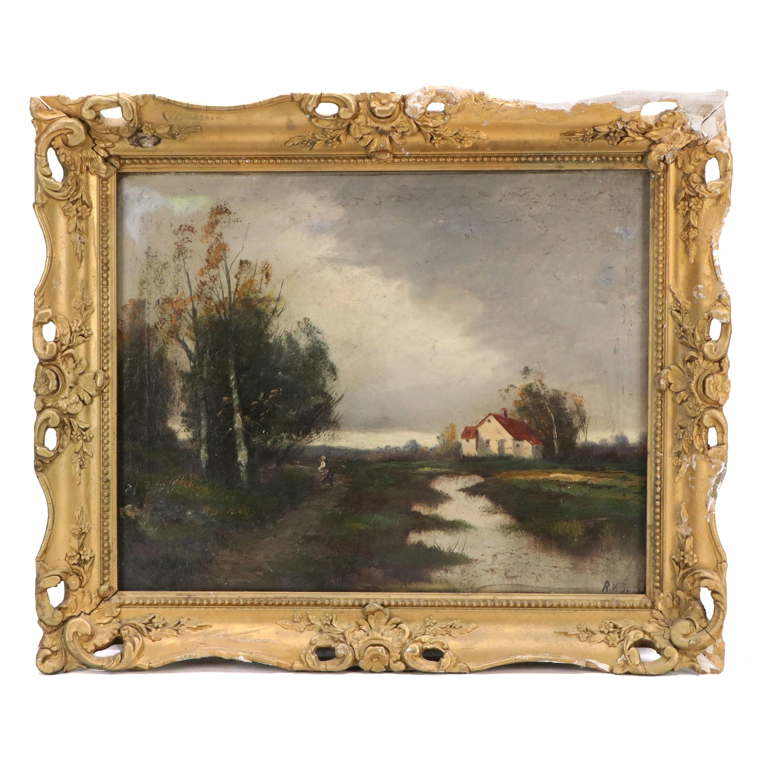 Rural Farmhouse and Landscape Oil Painting, Circa 1900