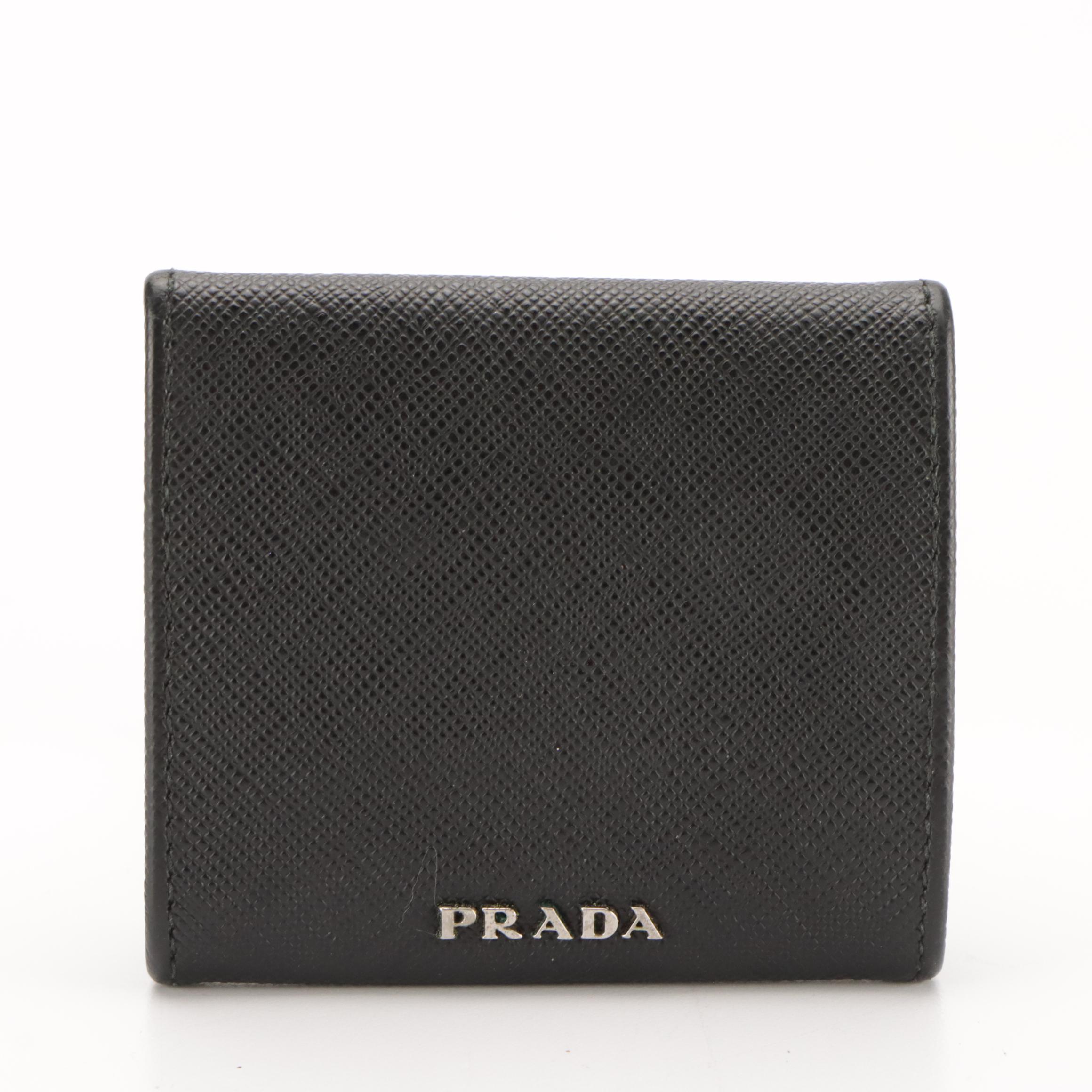 Prada Rocket Embroidered Folding Coin Case in Black Saffiano Leather, With Box