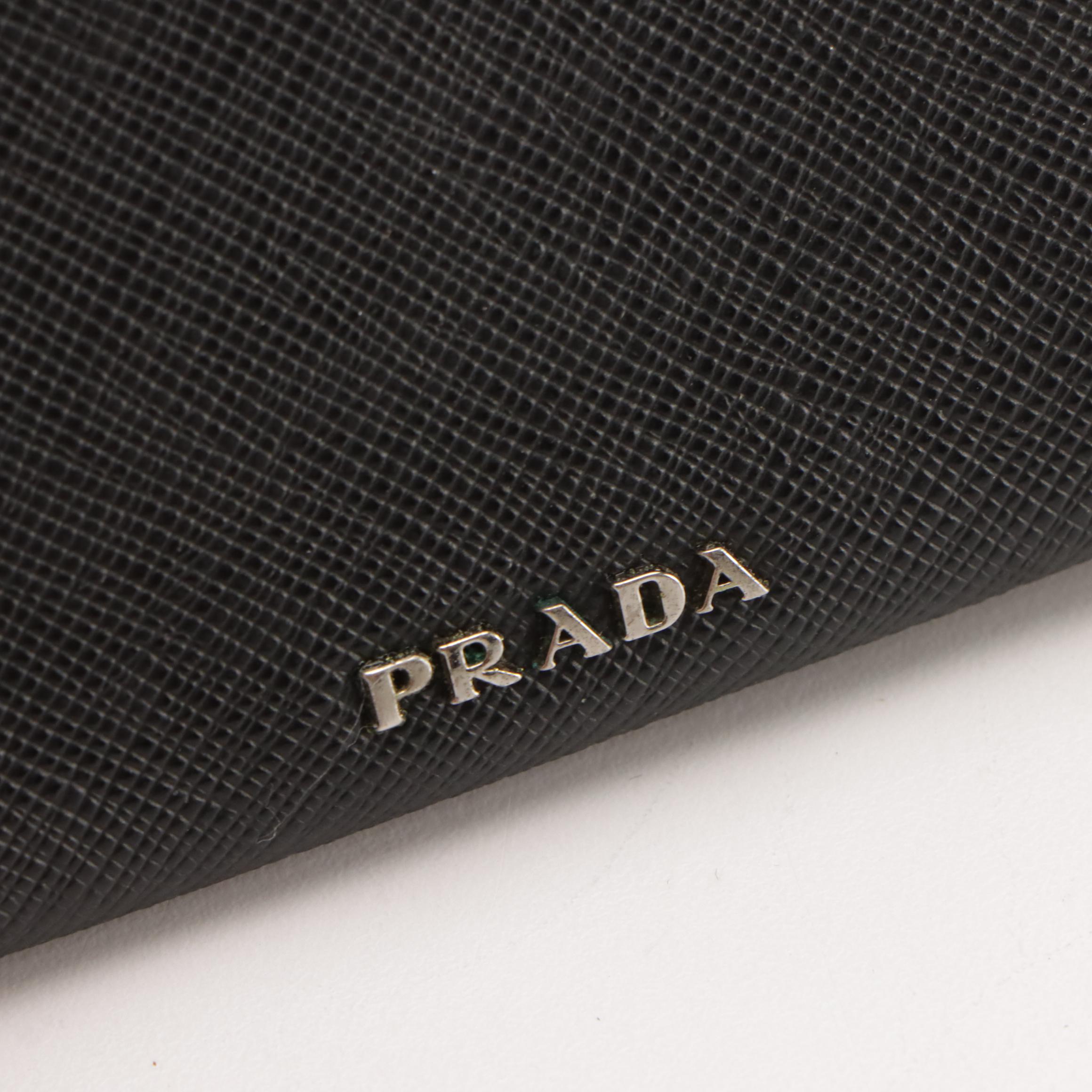 Prada Rocket Embroidered Folding Coin Case in Black Saffiano Leather, With Box