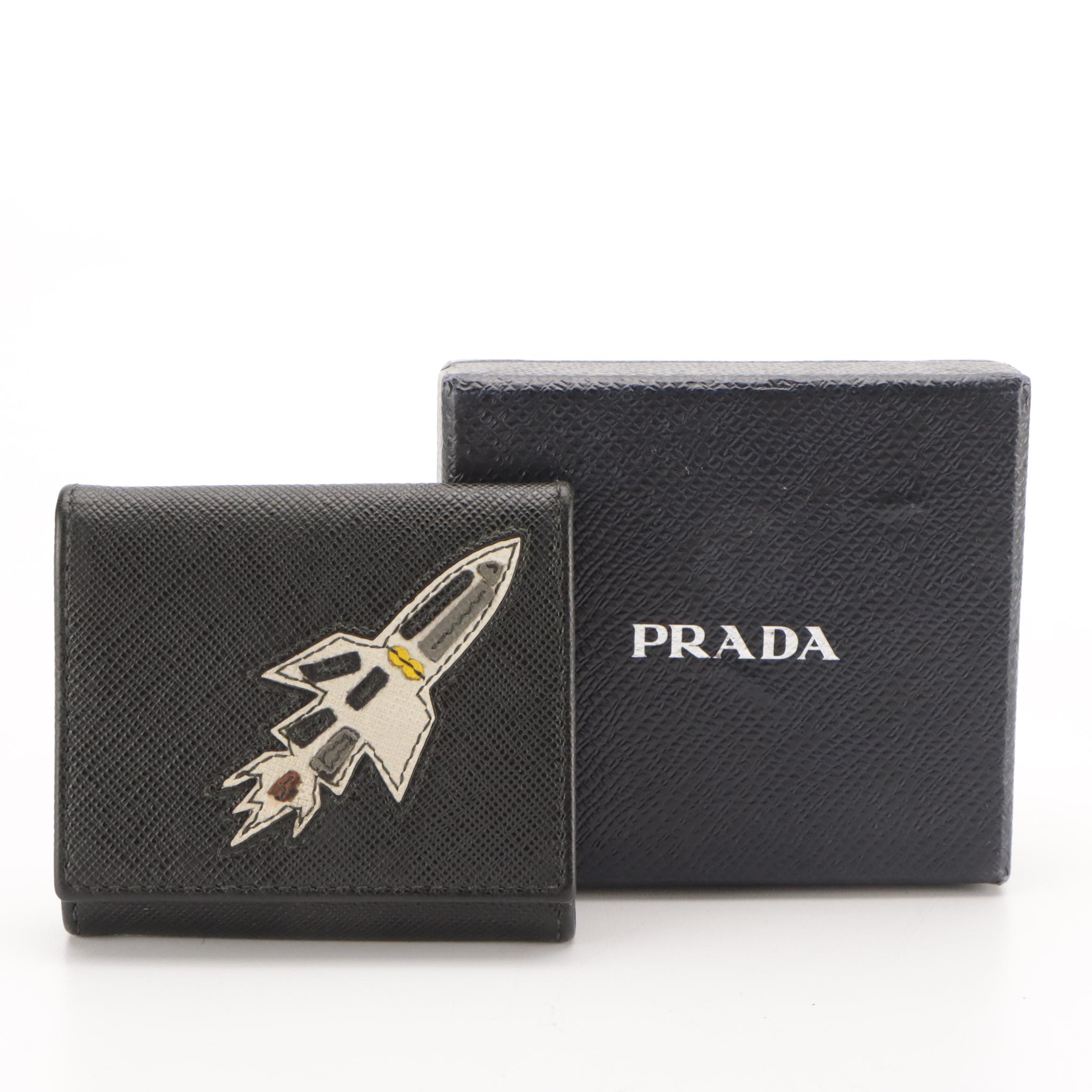 Prada Rocket Embroidered Folding Coin Case in Black Saffiano Leather, With Box