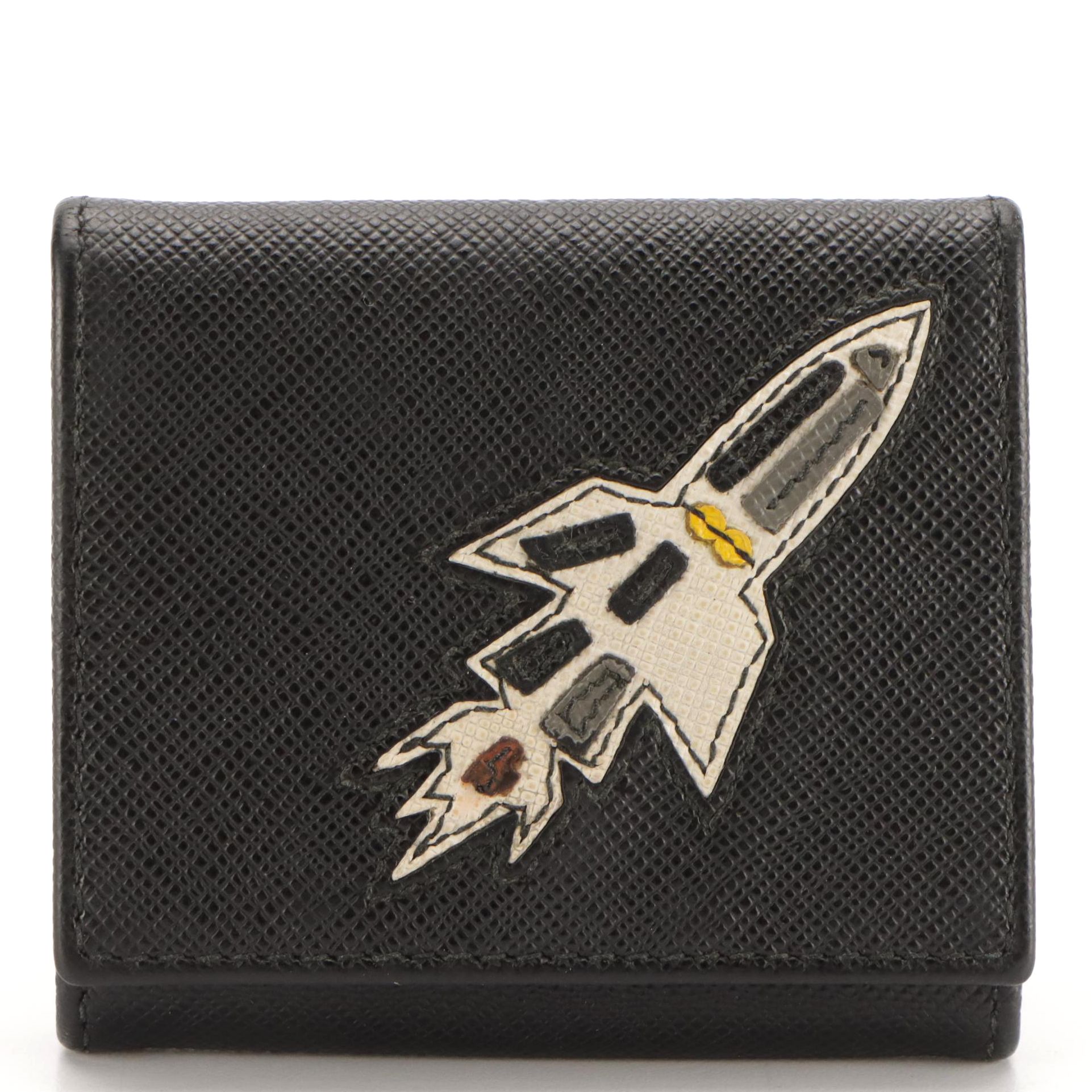 Prada Rocket Embroidered Folding Coin Case in Black Saffiano Leather, With Box