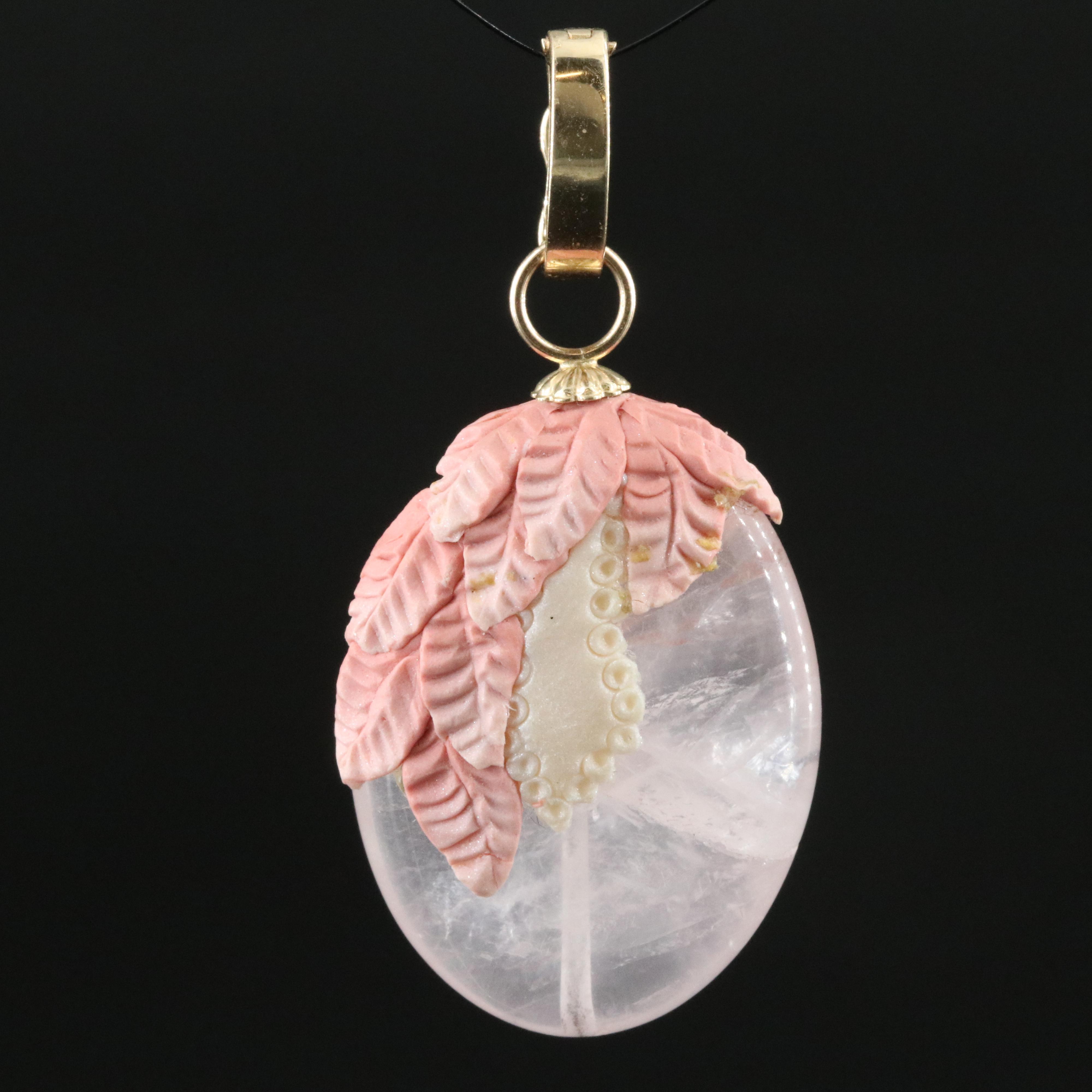 14K Rose Quartz Enhancer Pendant with Foliate Detail