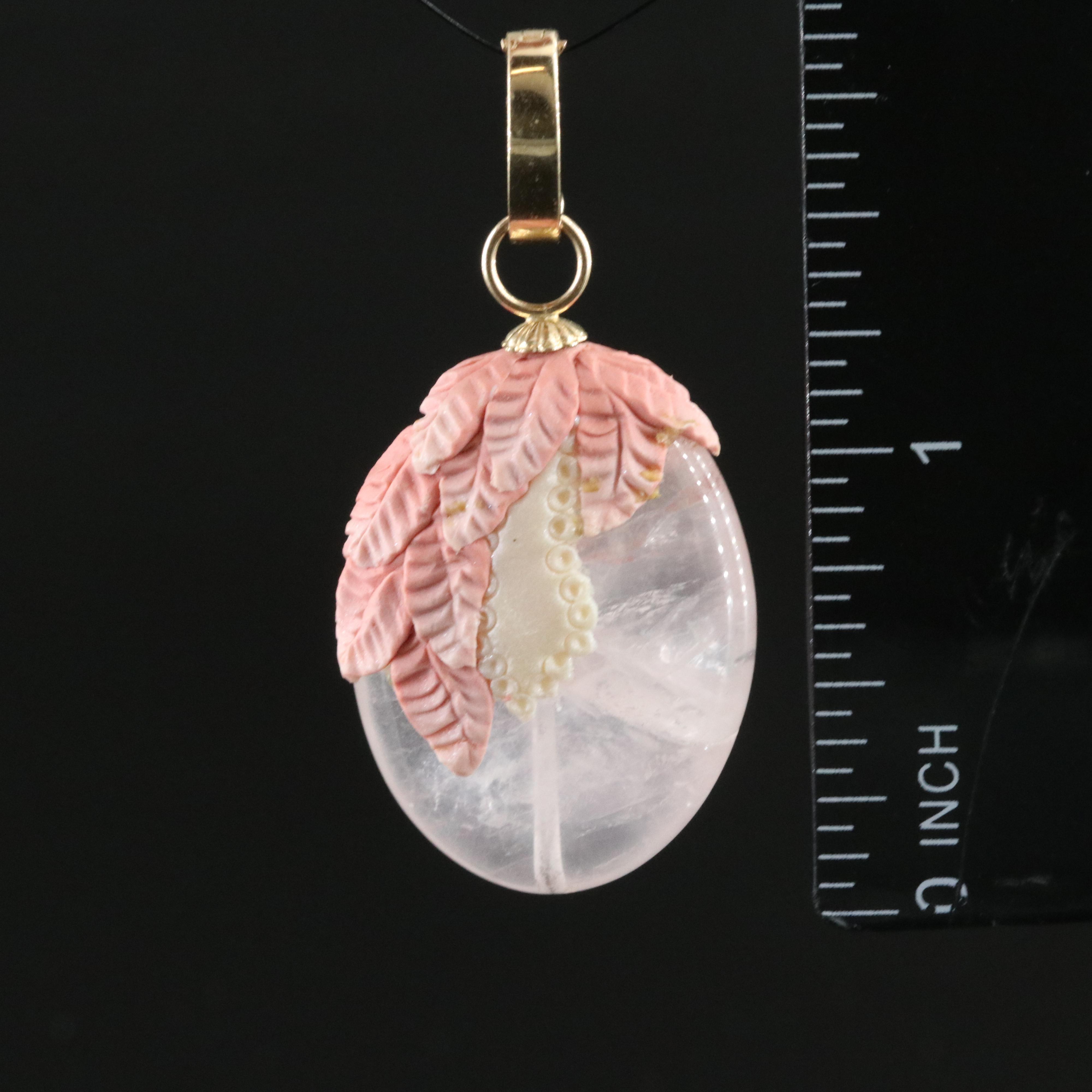 14K Rose Quartz Enhancer Pendant with Foliate Detail