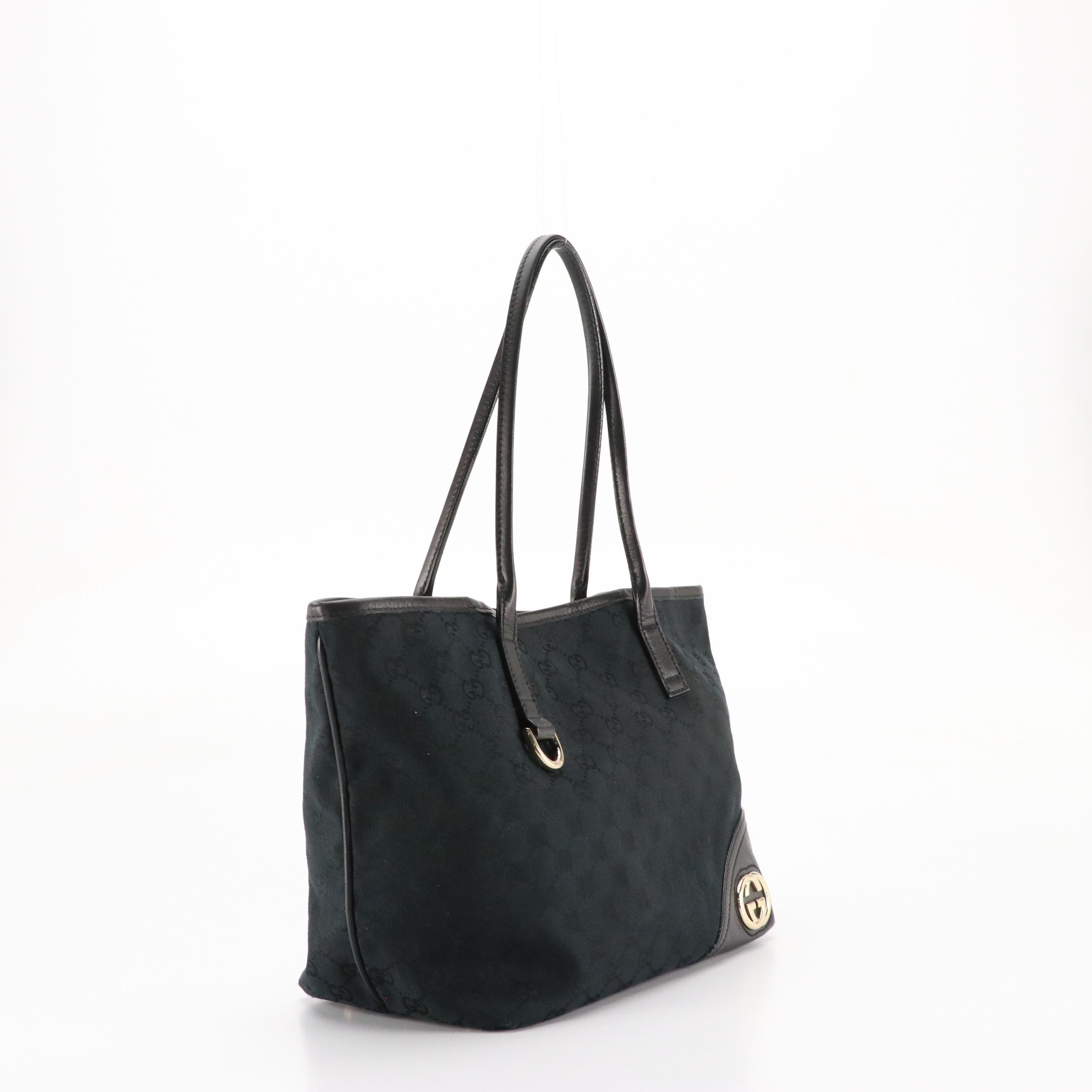 Gucci Black GG Jacquard Canvas and Leather New Brit Medium Tote