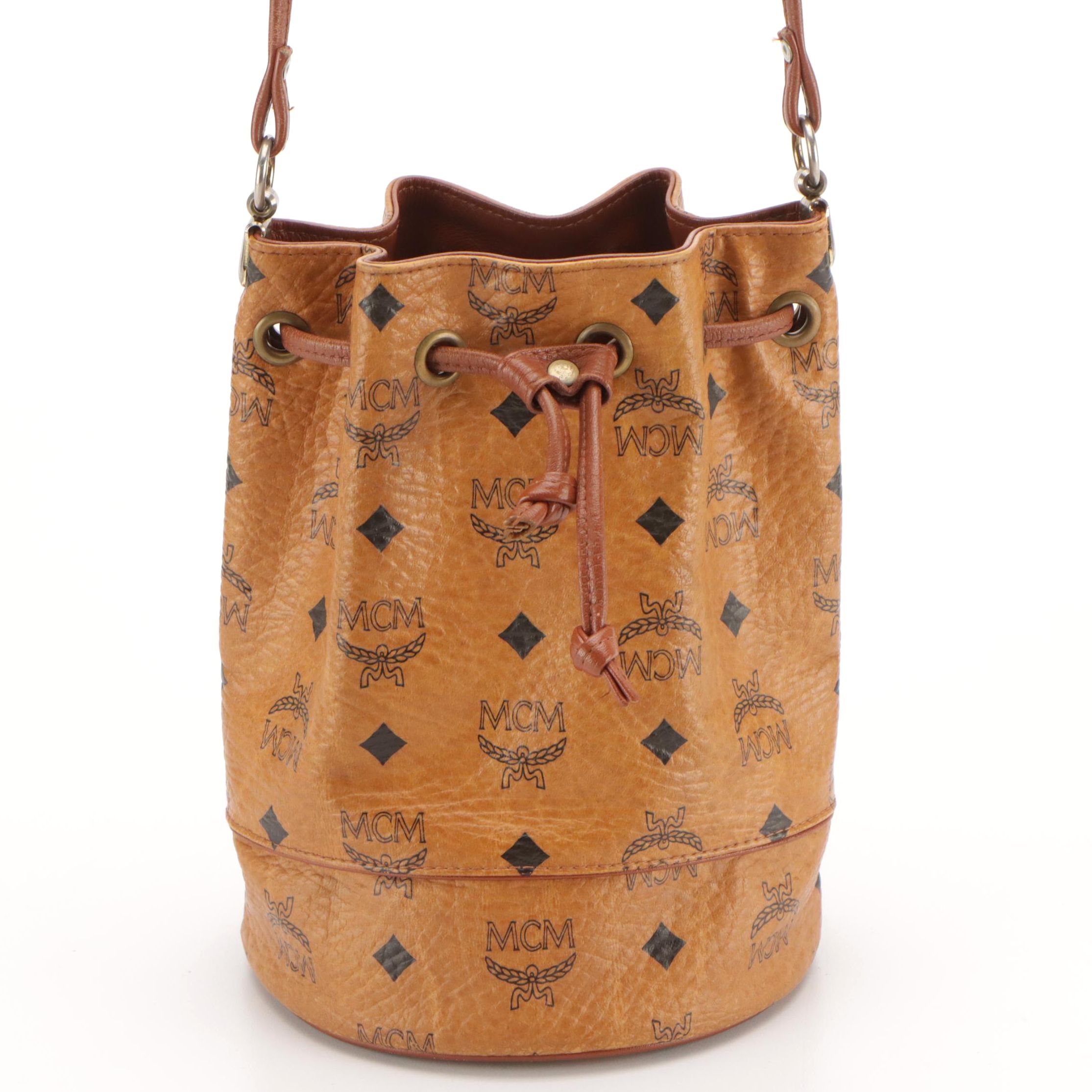 MCM Mini Drawstring Bucket Bag in Cognac Visetos Canvas with Leather Trim