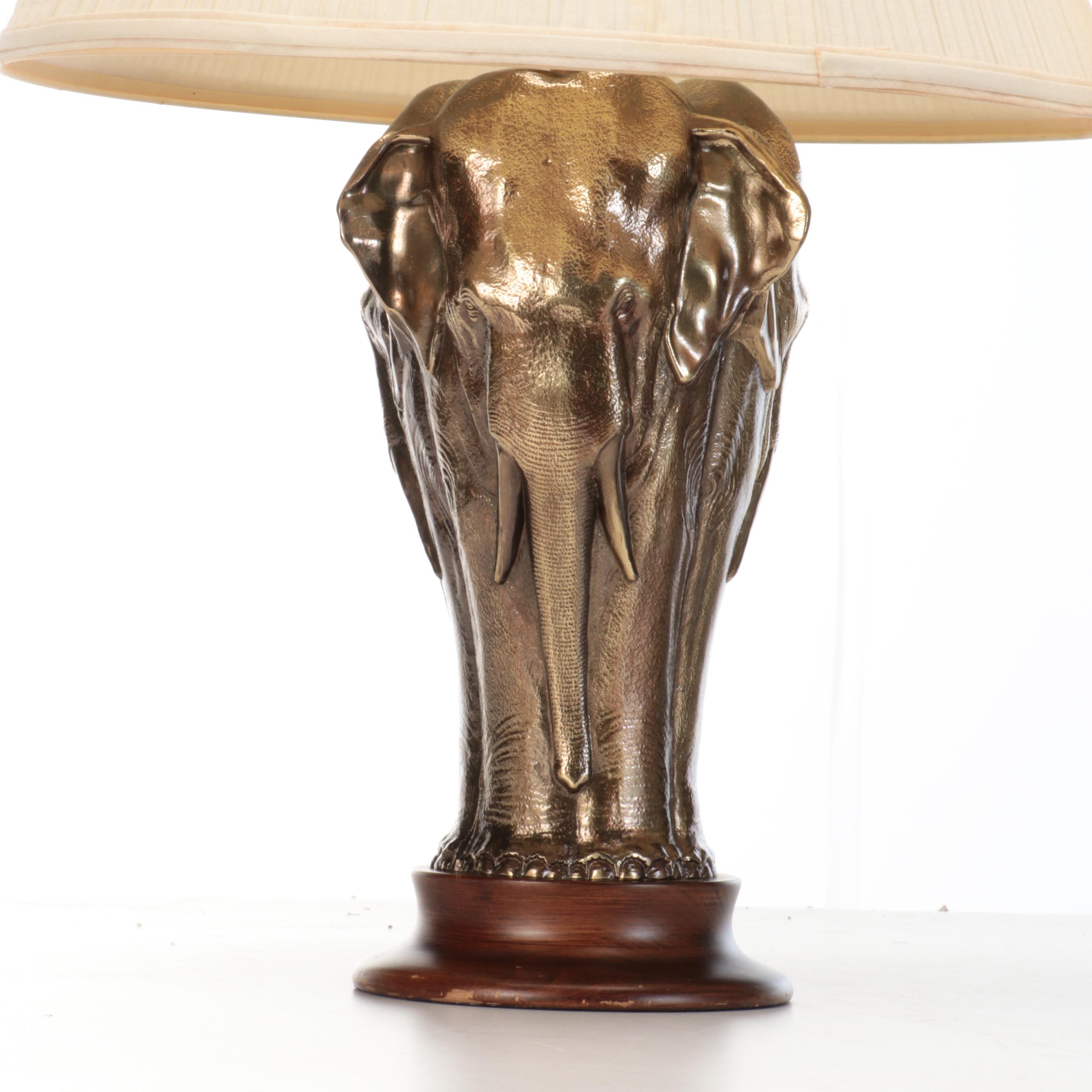Pair of Cast Brass Elephant Table Lamps and Shirred Silk Shades