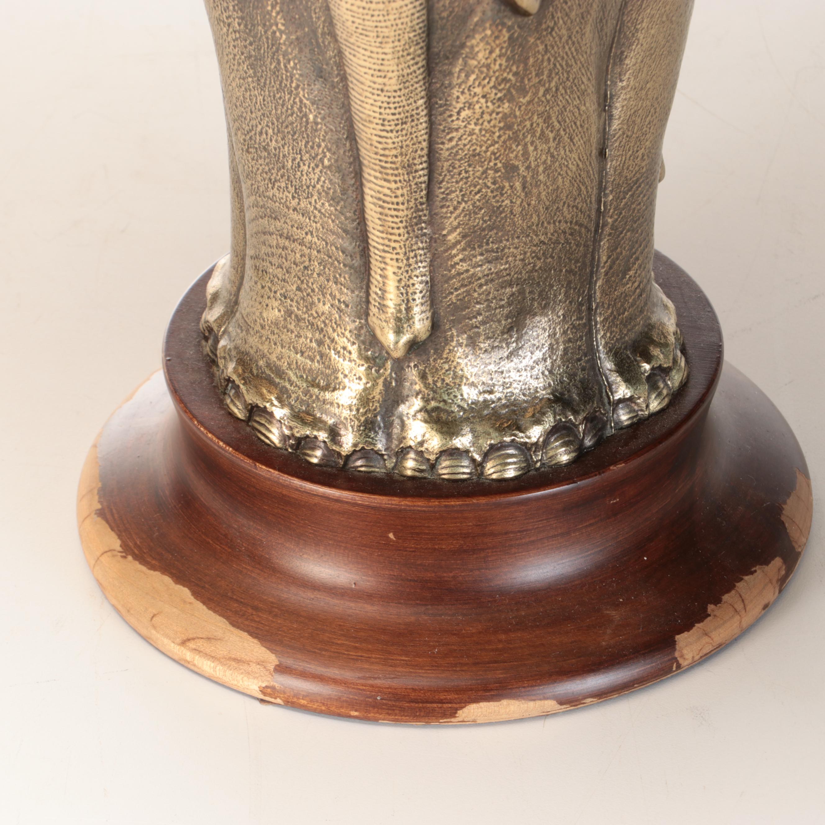 Pair of Cast Brass Elephant Table Lamps and Shirred Silk Shades