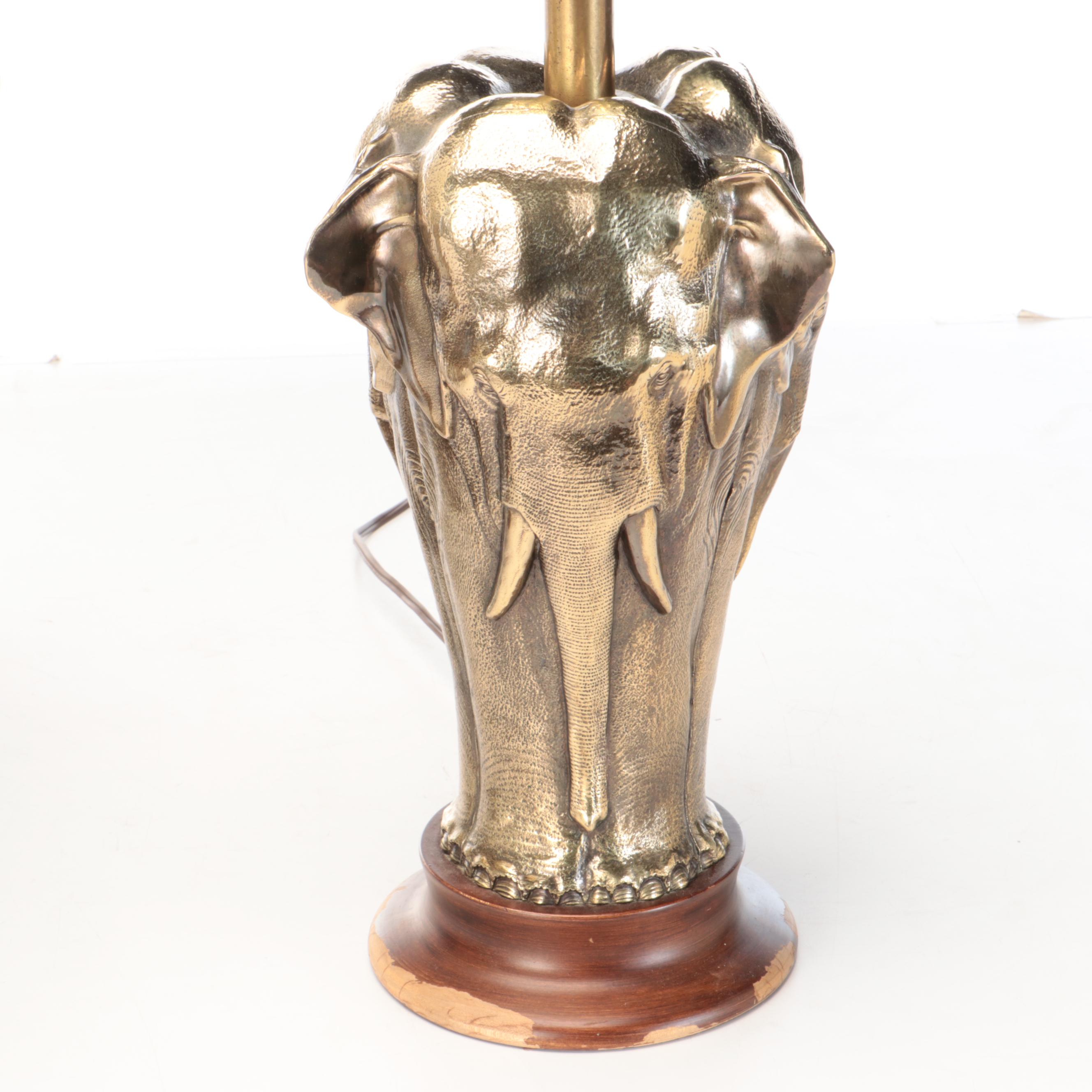 Pair of Cast Brass Elephant Table Lamps and Shirred Silk Shades
