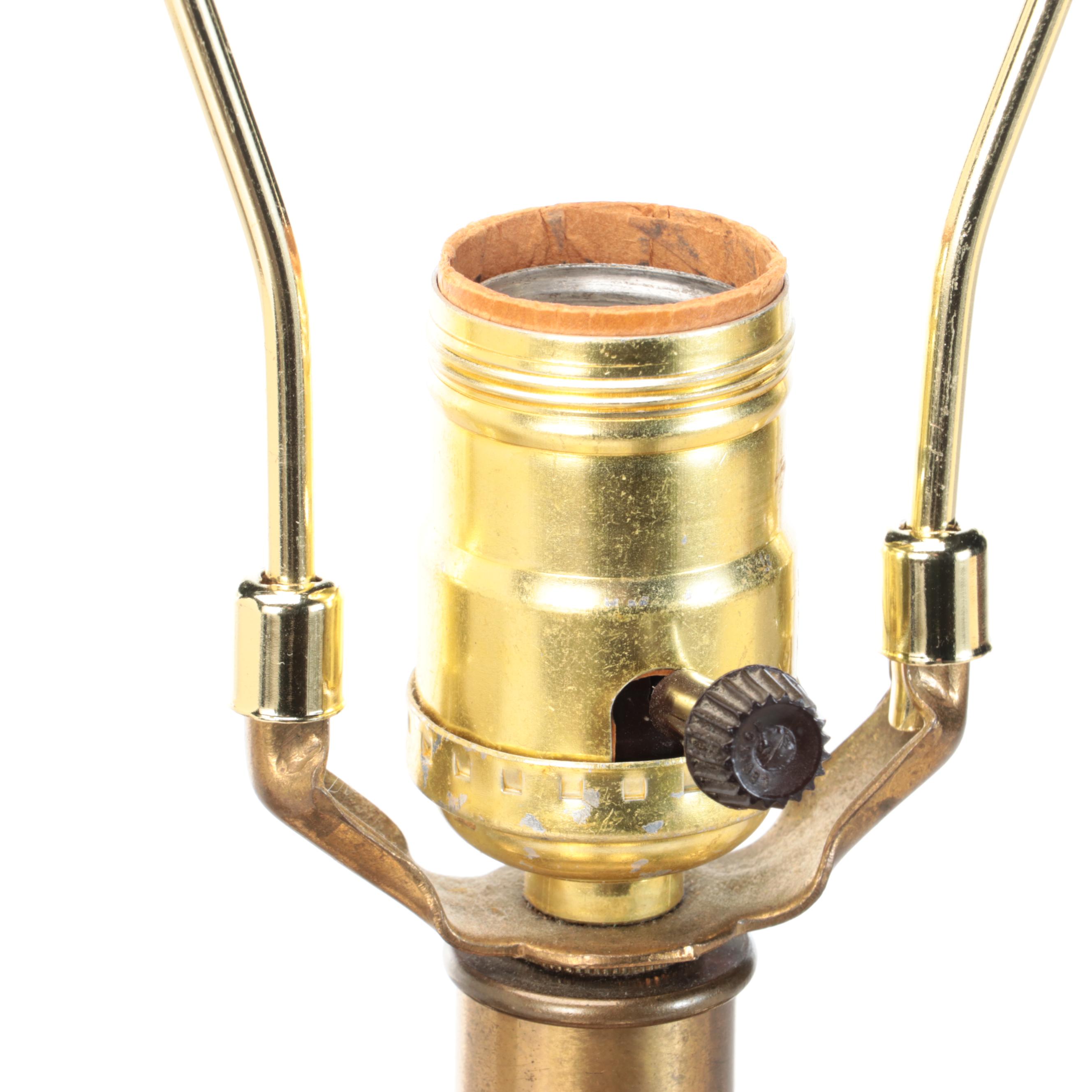 Pair of Cast Brass Elephant Table Lamps and Shirred Silk Shades