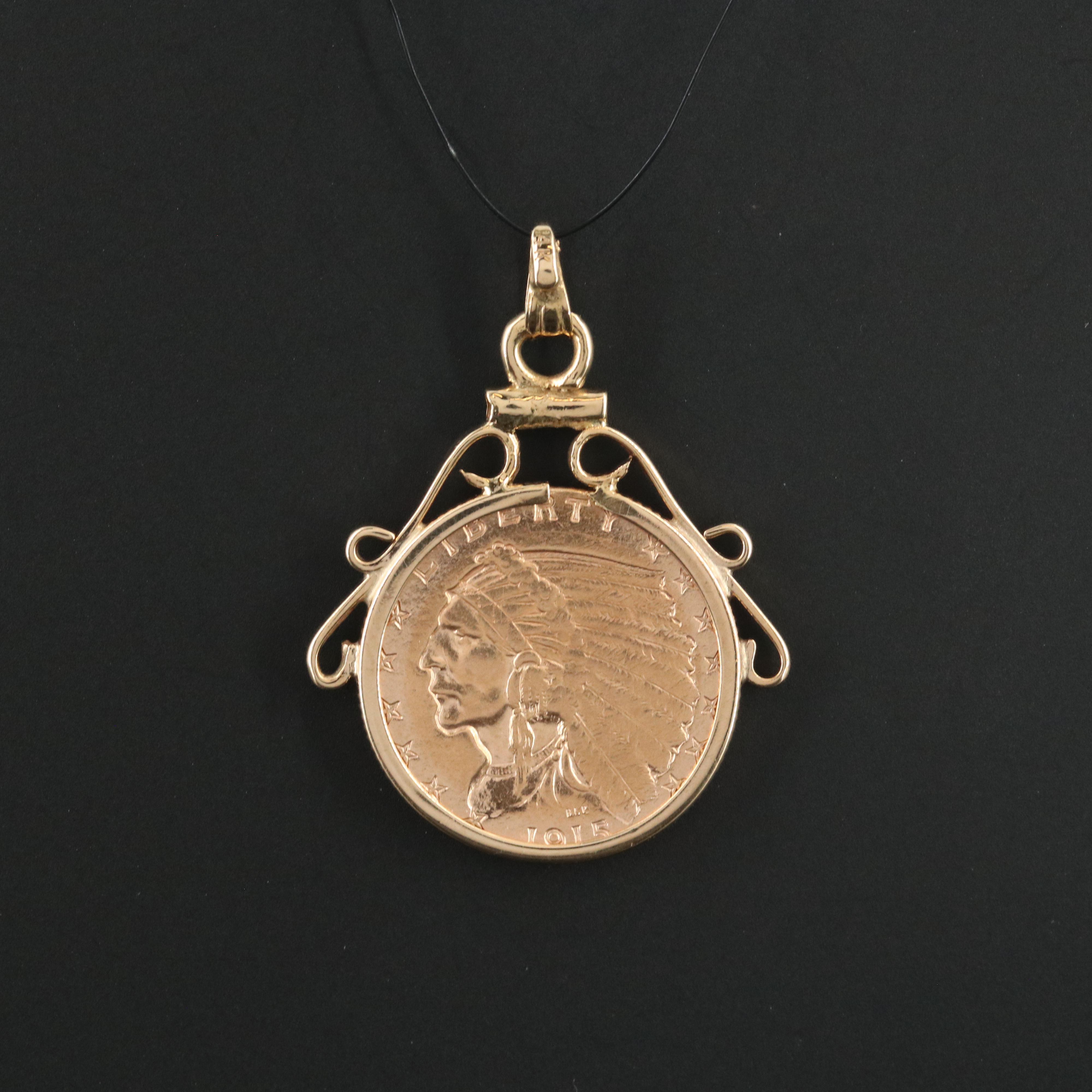 14K Pendant with 1915 Indian Head $2.50 Gold Quarter Eagle Coin