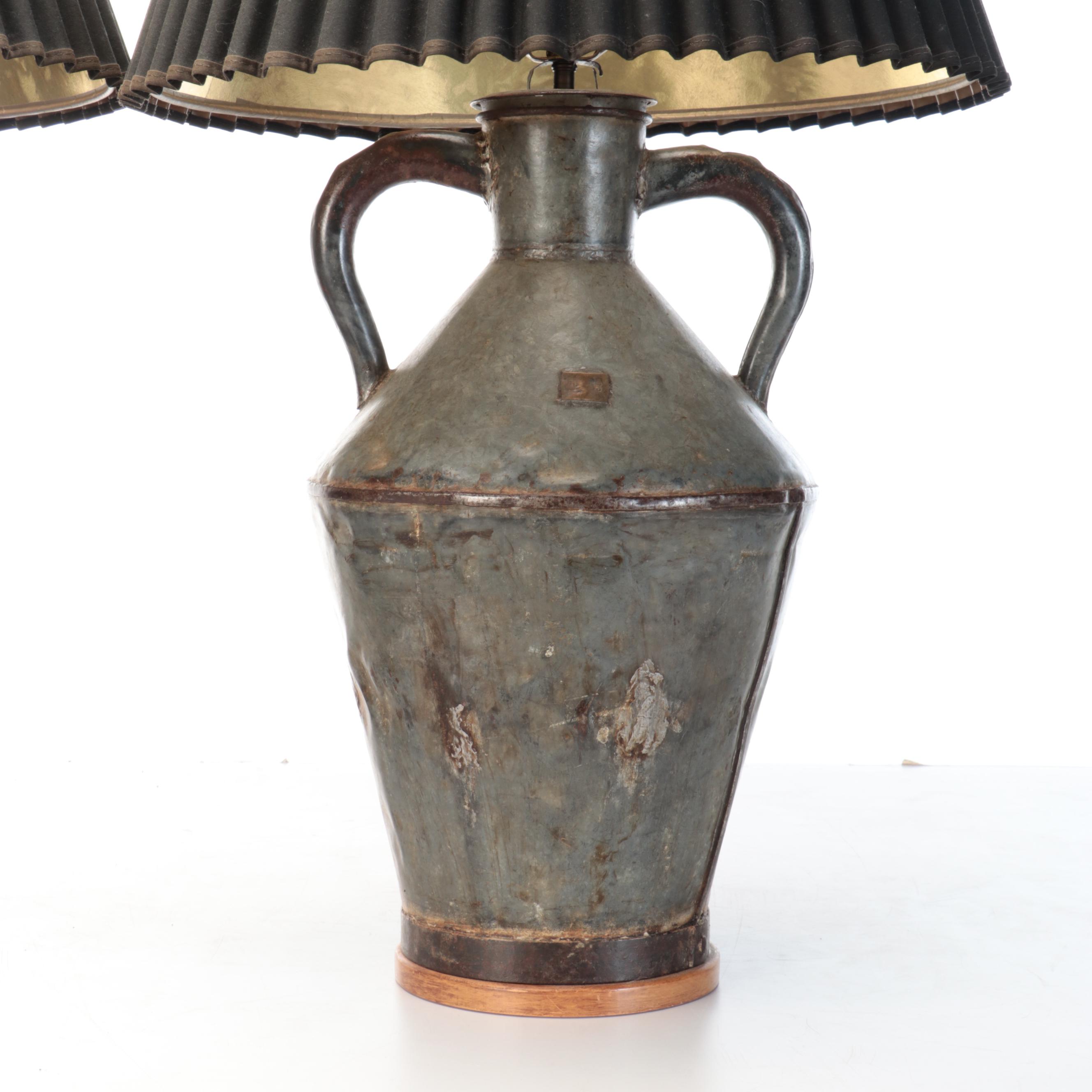 Converted Galvanized Double-Handle Olive Jar Table Lamps with Fluted Shades