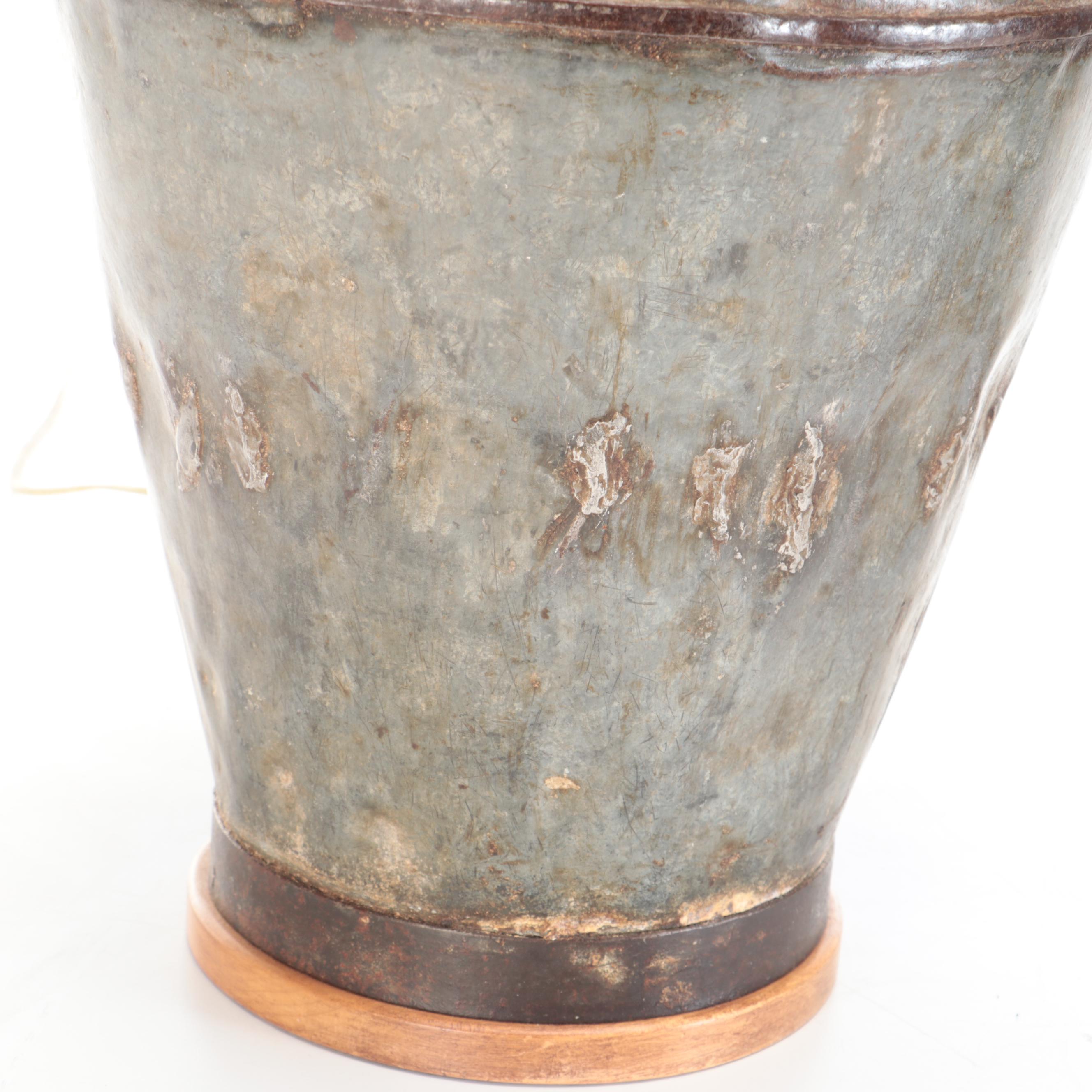 Converted Galvanized Double-Handle Olive Jar Table Lamps with Fluted Shades