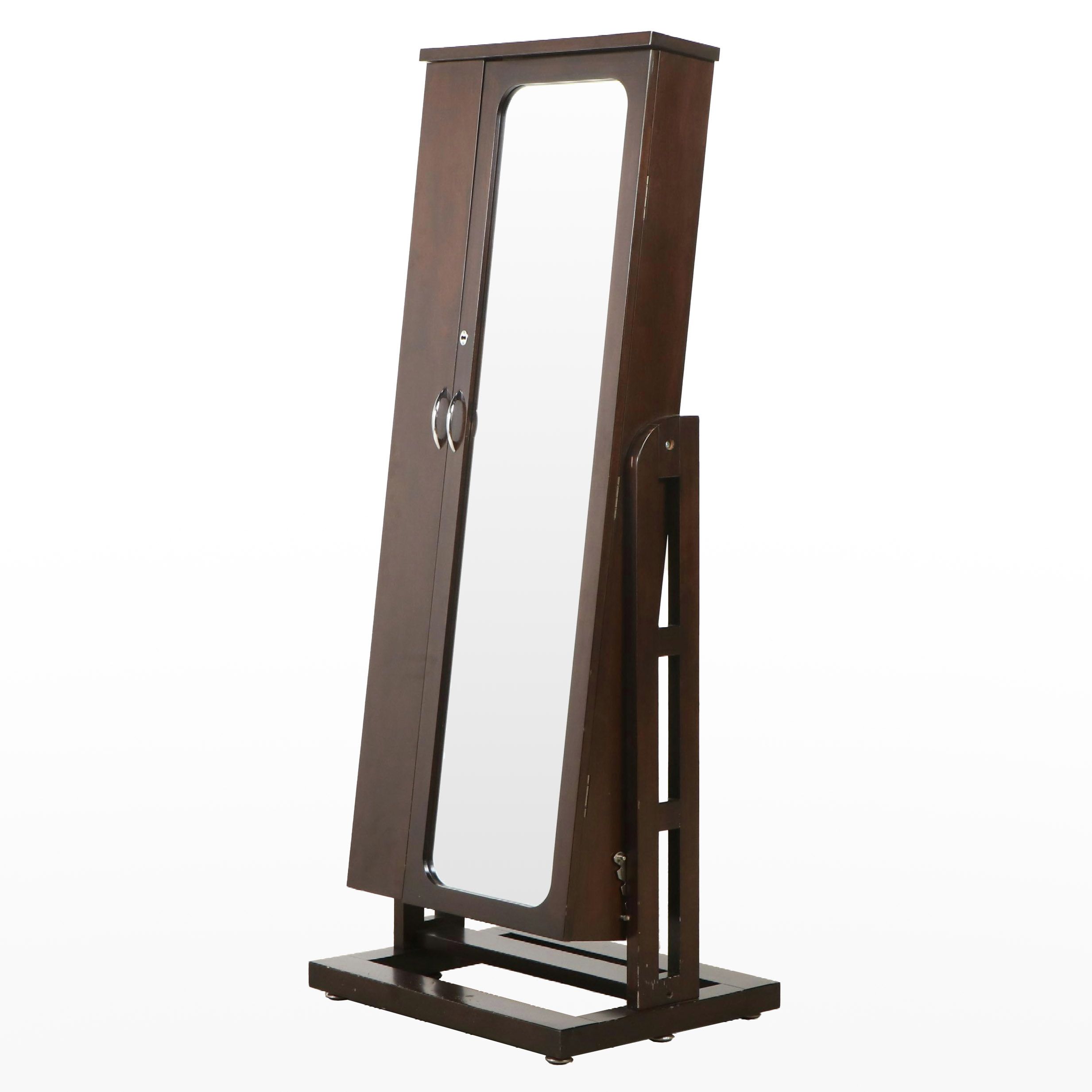 Contemporary Walnut Finish Cheval Mirror with Jewelry Armoire