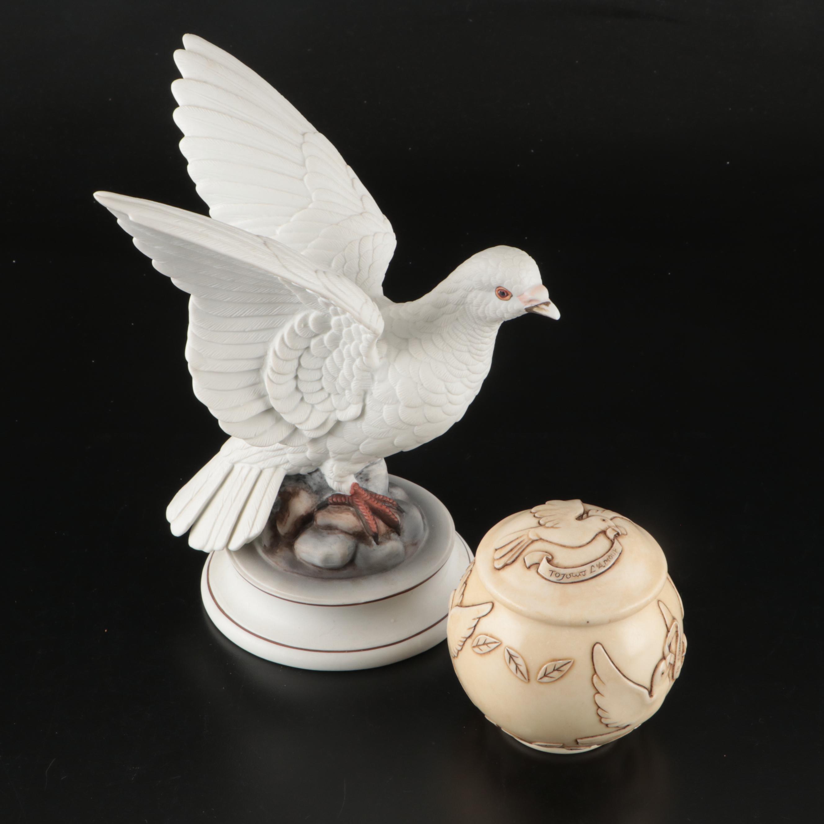 Andrea by Sadek White Dove Figurine with Jardinia Chant D'Amour Dove Cachepot