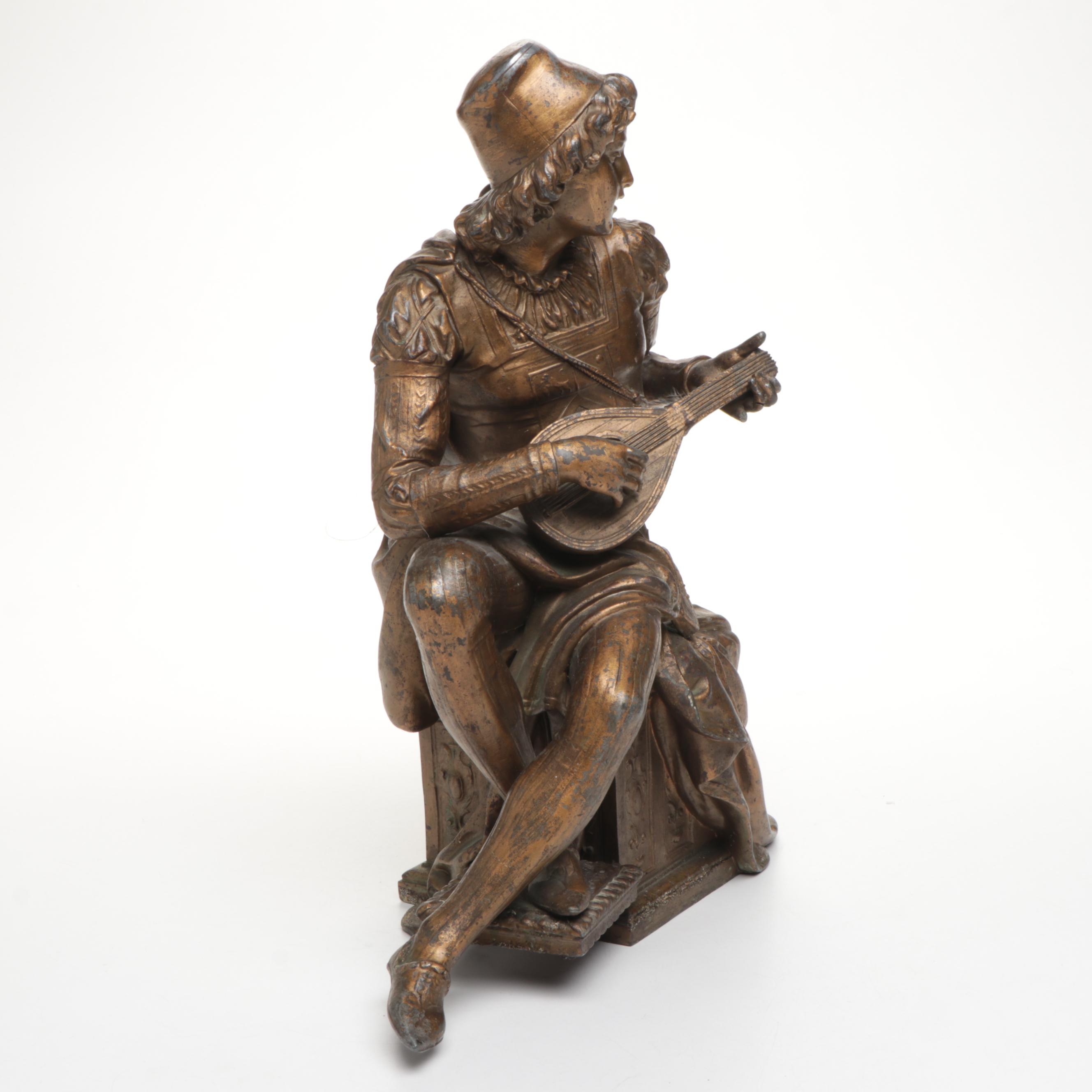 French Style Gilt Spleter Lute Player Clock Topper, Late 19th/ Early 20th C.