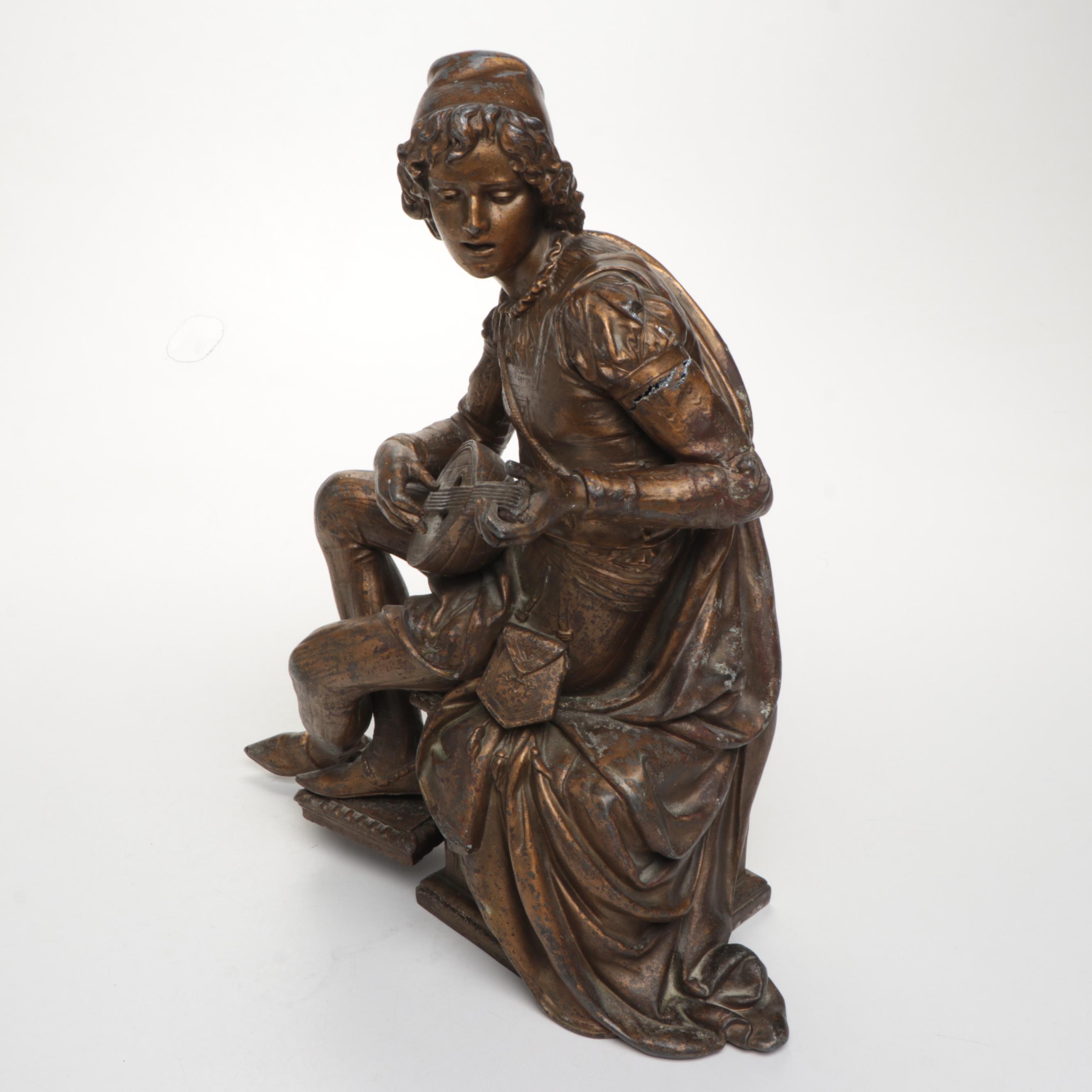 French Style Gilt Spleter Lute Player Clock Topper, Late 19th/ Early 20th C.