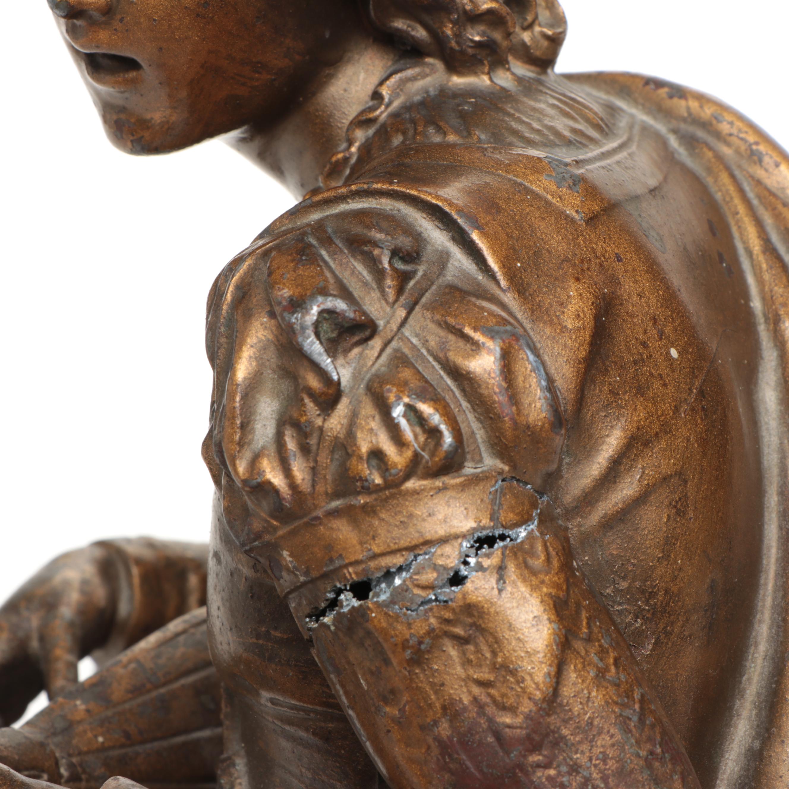 French Style Gilt Spleter Lute Player Clock Topper, Late 19th/ Early 20th C.