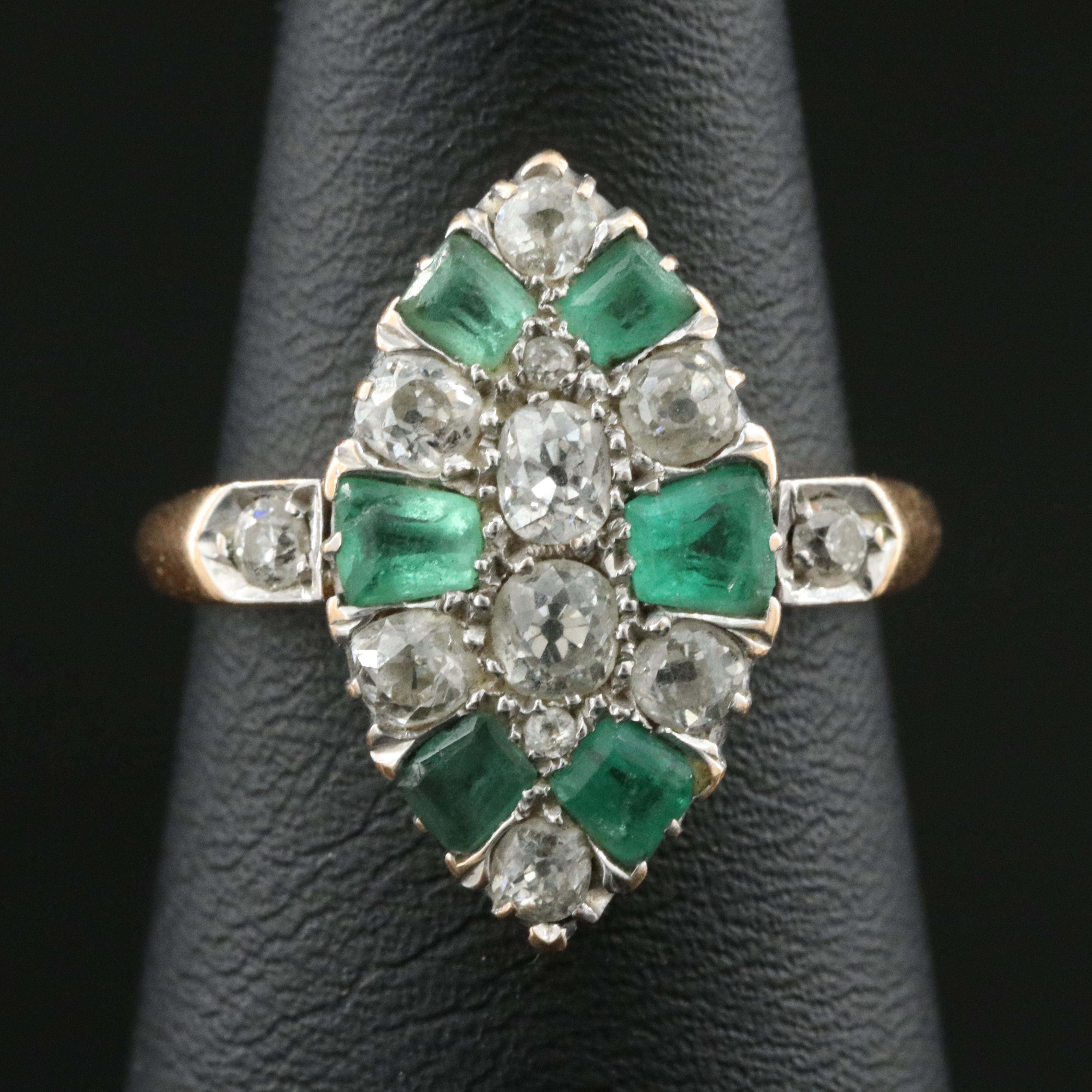 Antique 18K Emerald and 1.08 CTW Old Cut Diamond Navette Ring