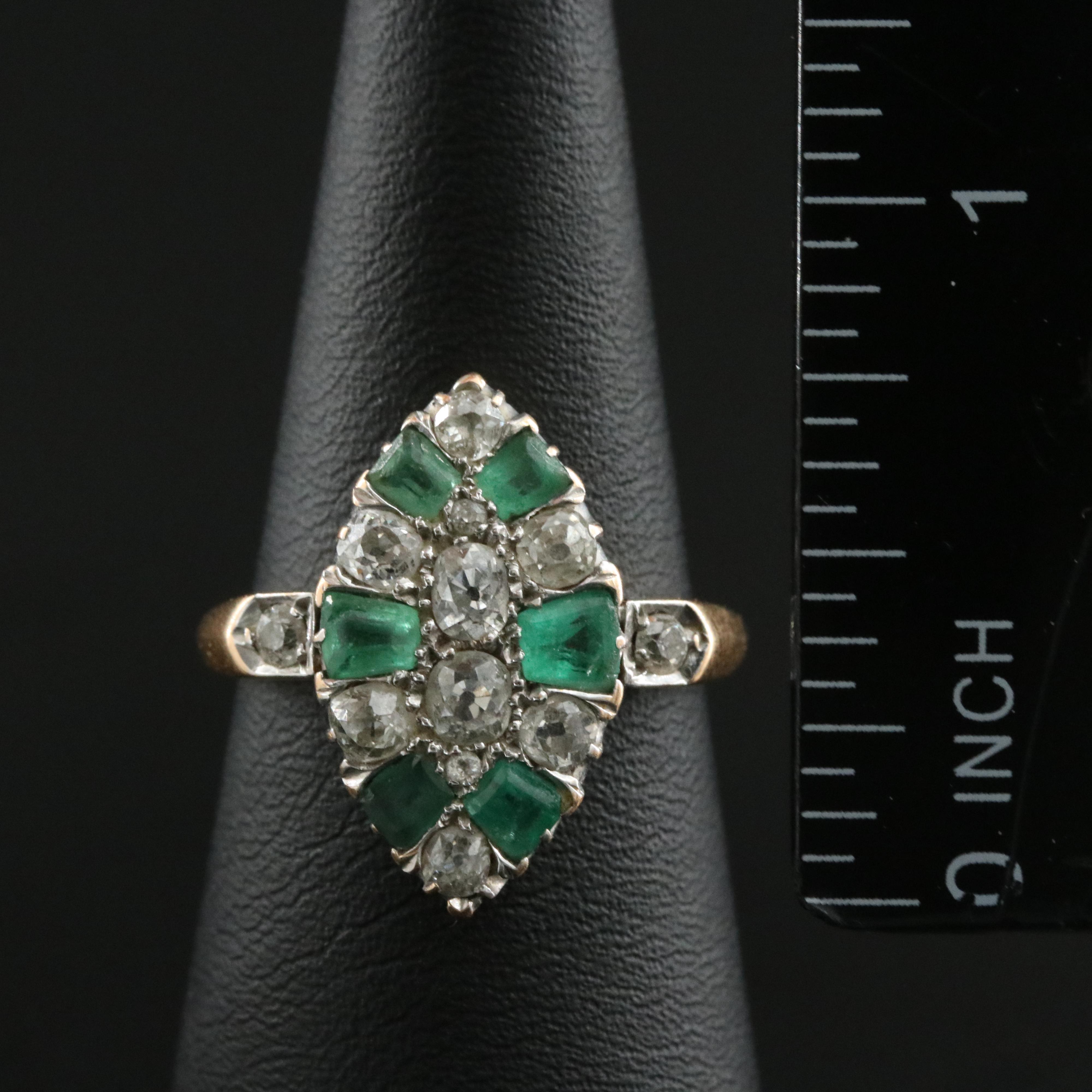 Antique 18K Emerald and 1.08 CTW Old Cut Diamond Navette Ring