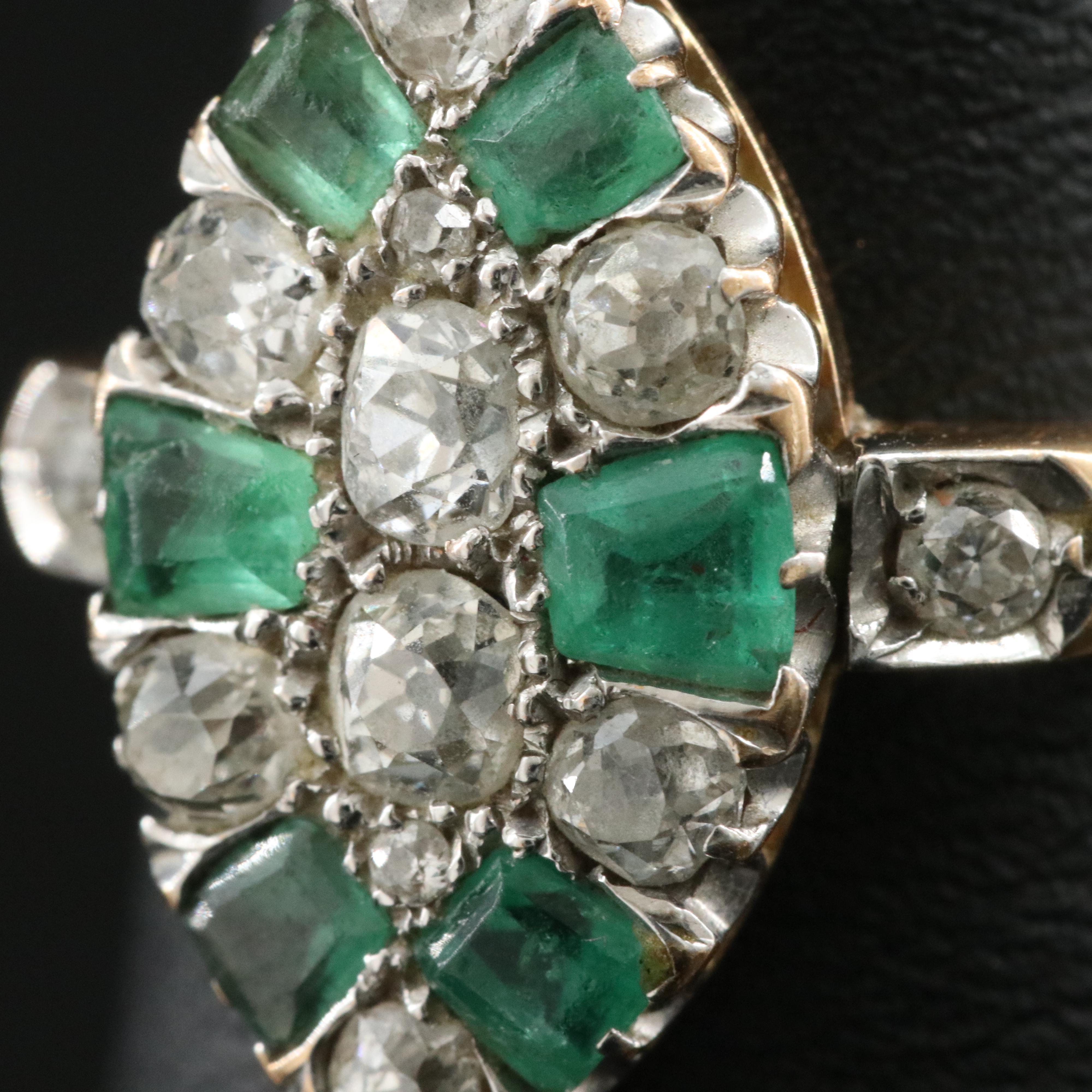 Antique 18K Emerald and 1.08 CTW Old Cut Diamond Navette Ring